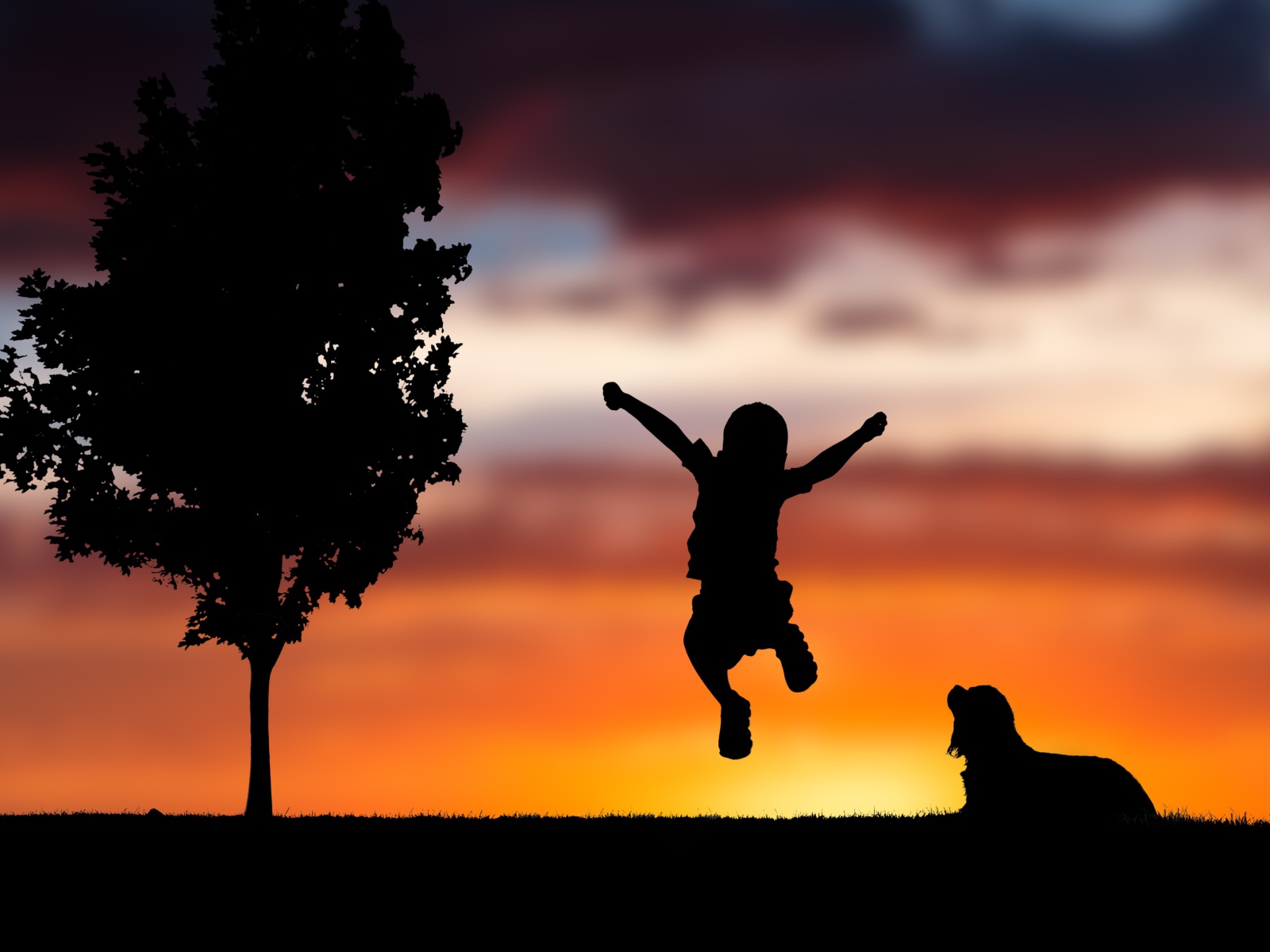 Силуэт маленького мальчика с собакой на фоне заката