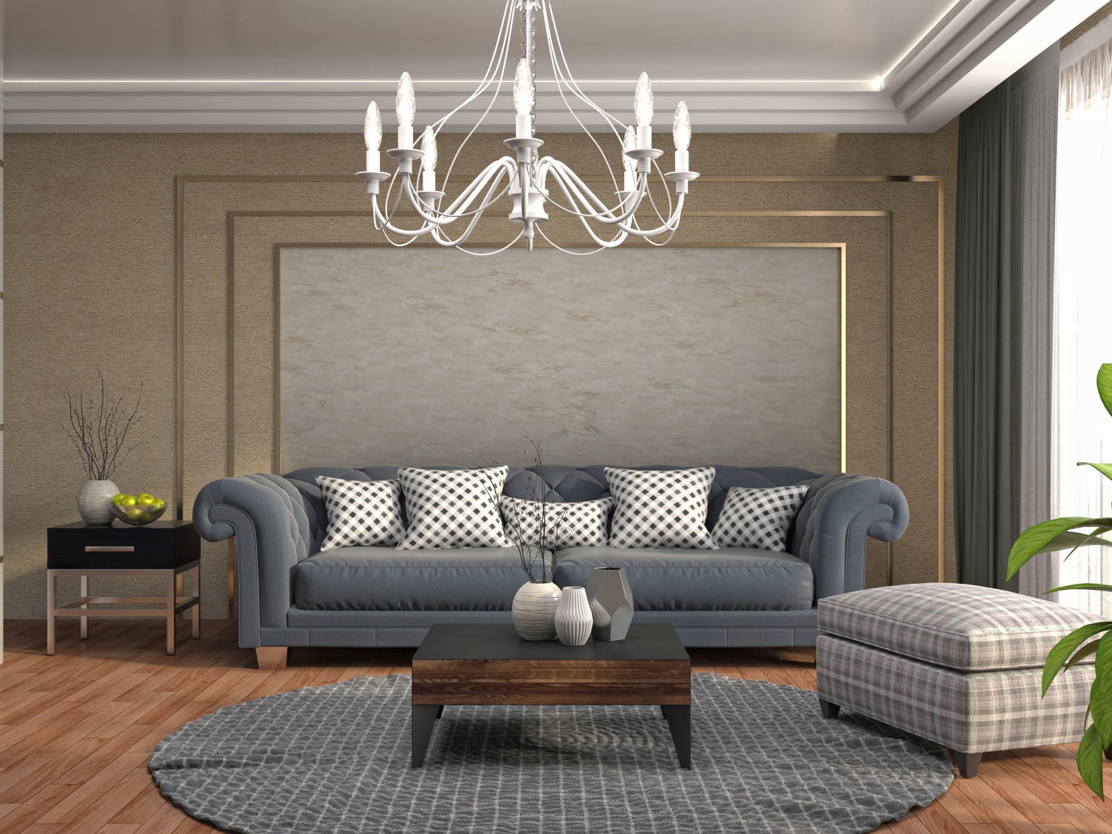 Гостинная комната с большим серым диваном