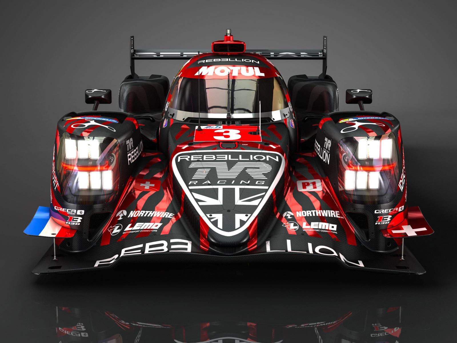 Гоночный автомобиль Rebellion R13 на сером фоне вид спереди