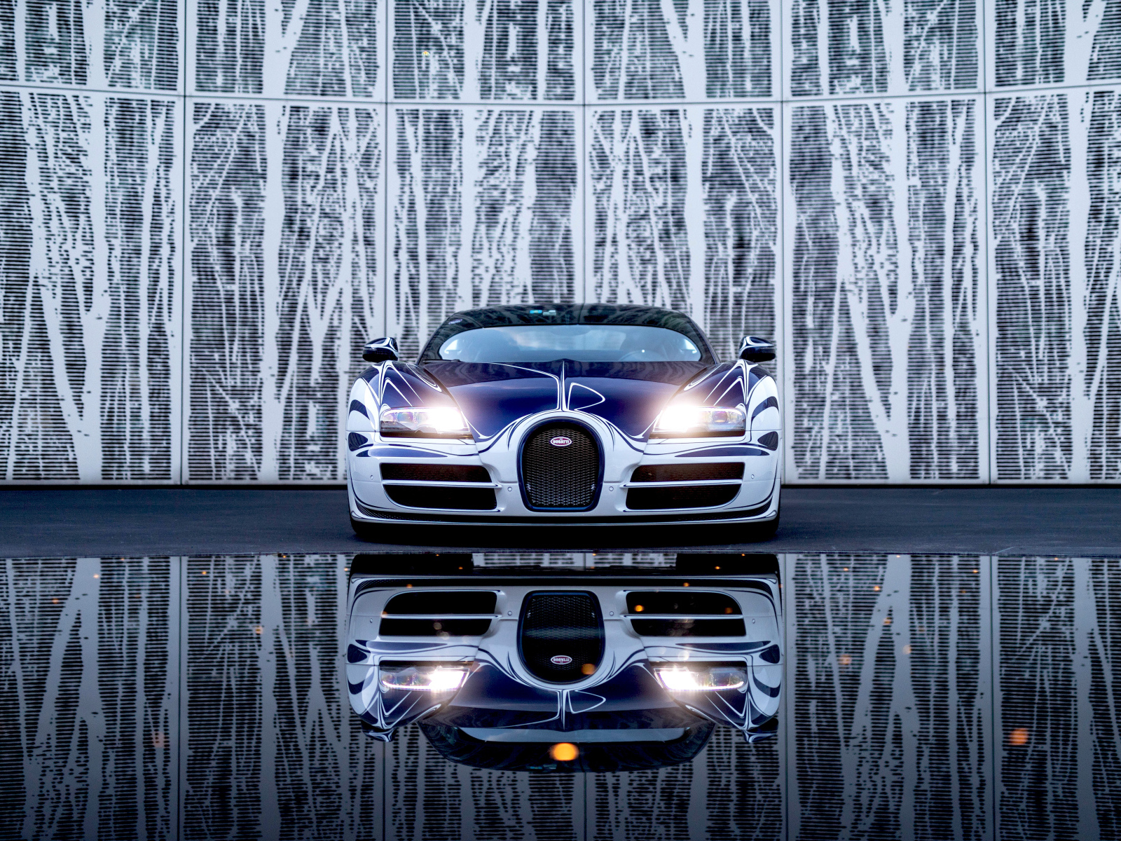 Car Bugatti Veyron Grand Sport Roadster is reflected in the mirror surface