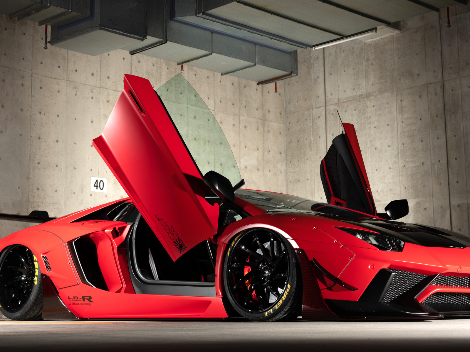 Red sport car Lamborghini Aventador with open doors