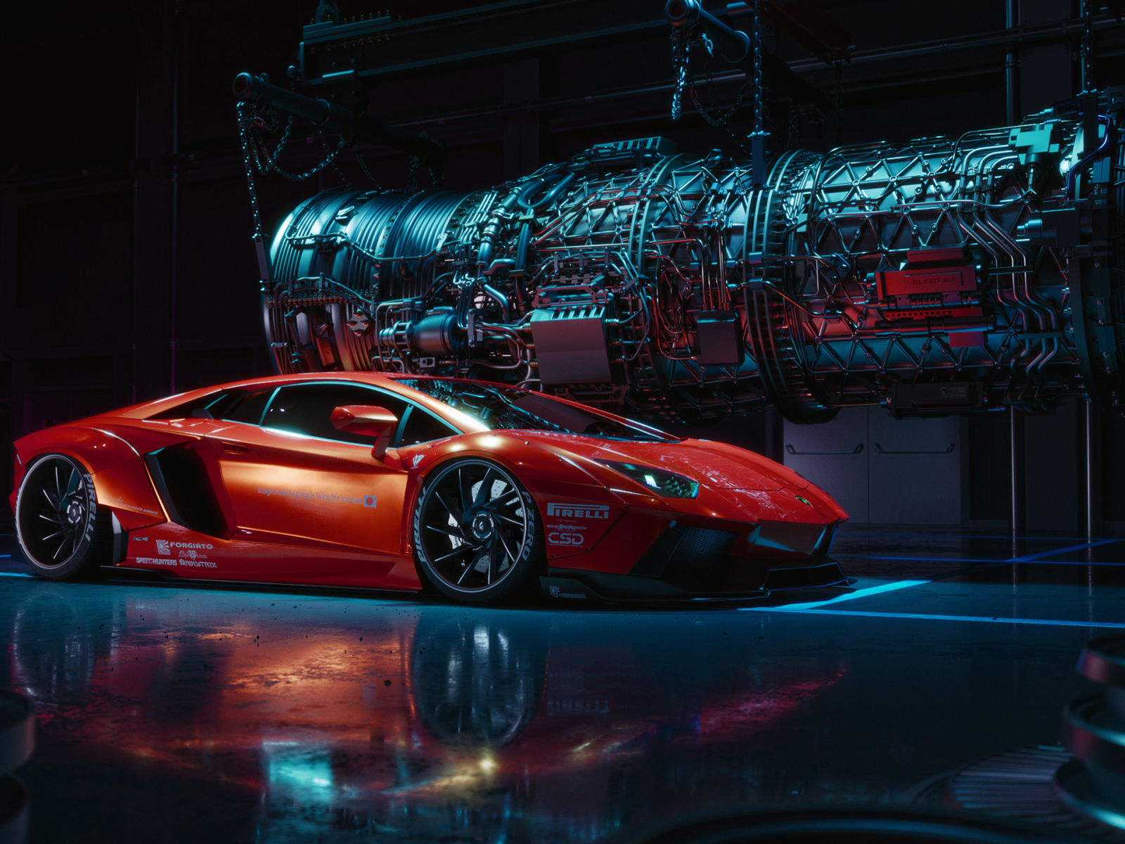 Красный спортивный автомобиль Lamborghini Aventador в бункере