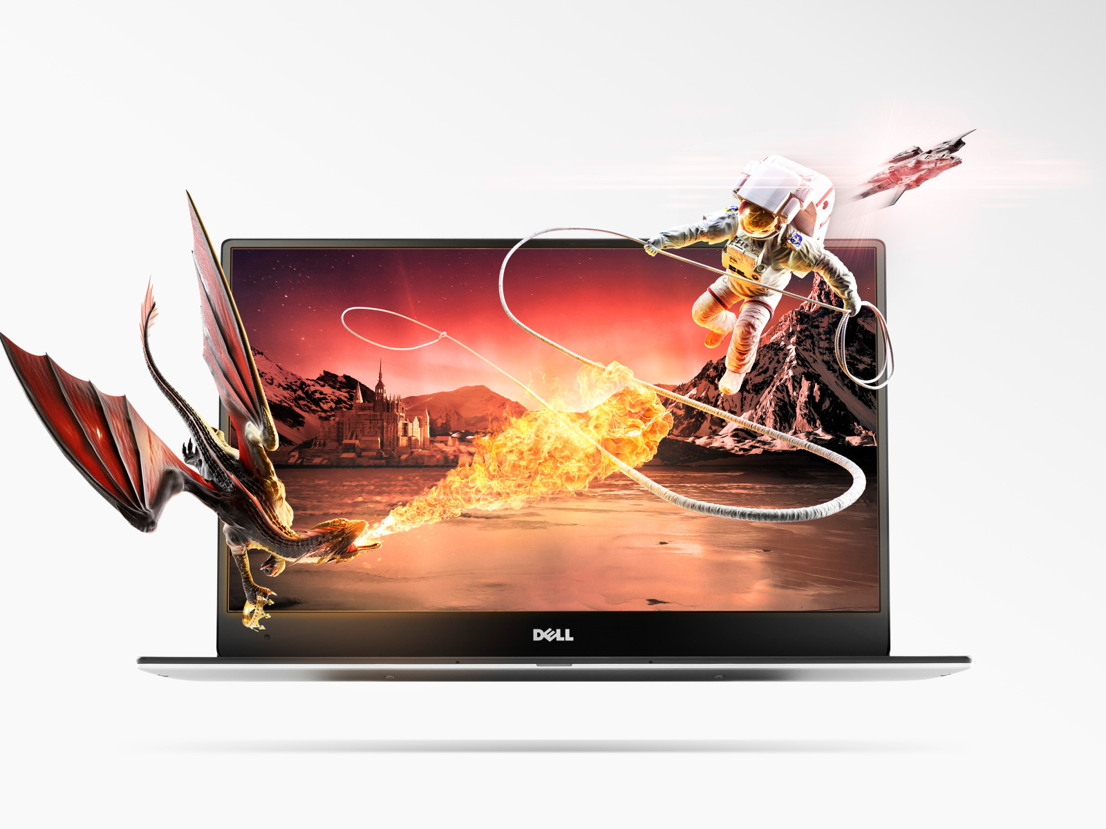 Дракон и астронавт вылетают из ноутбука Dell на белом фоне