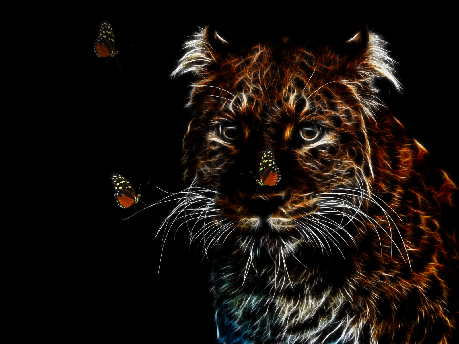 Нарисованный неоновый леопард с бабочками на черном фоне