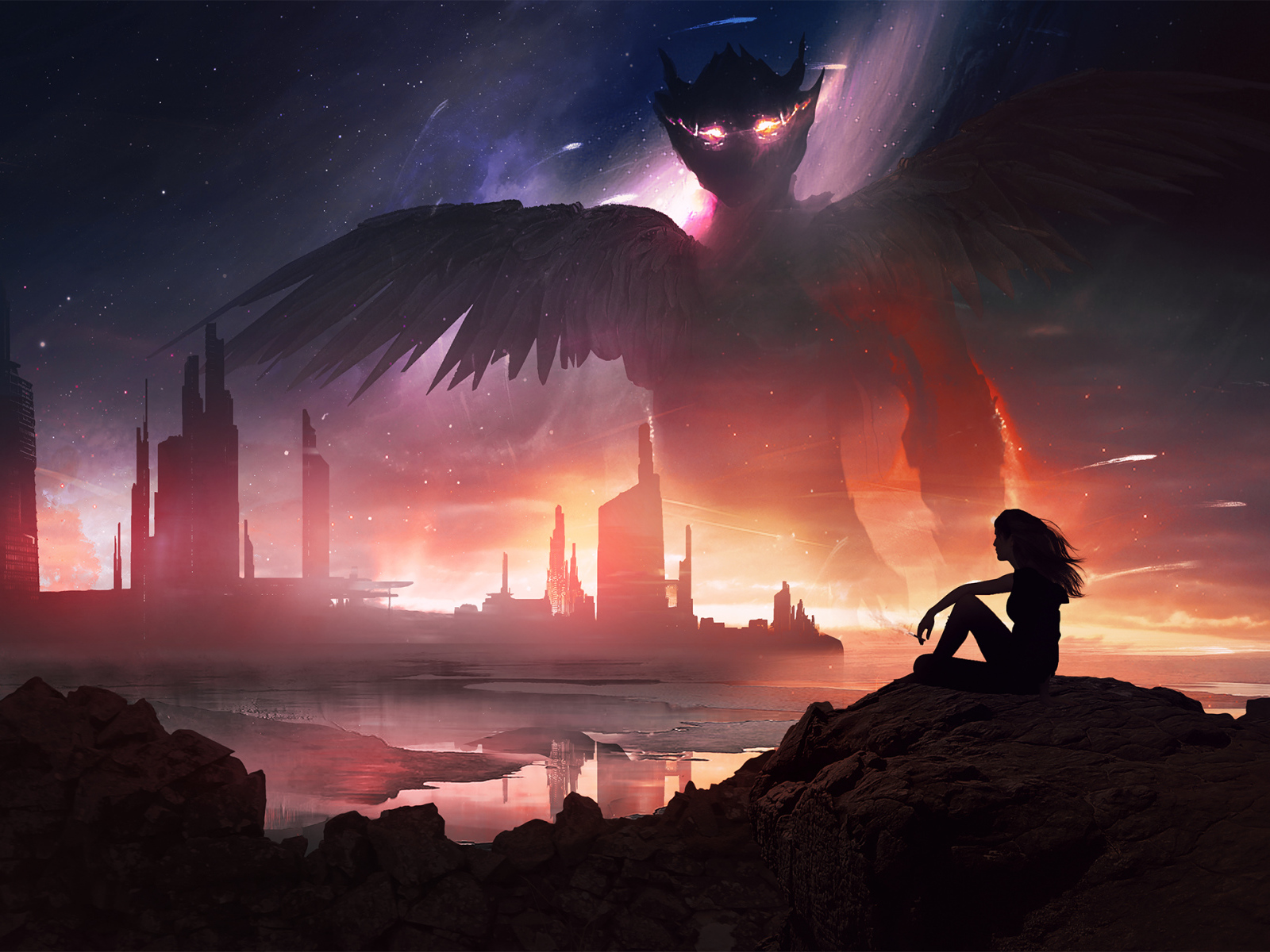 Девушка на камне на фоне фантастического дракона в небе 