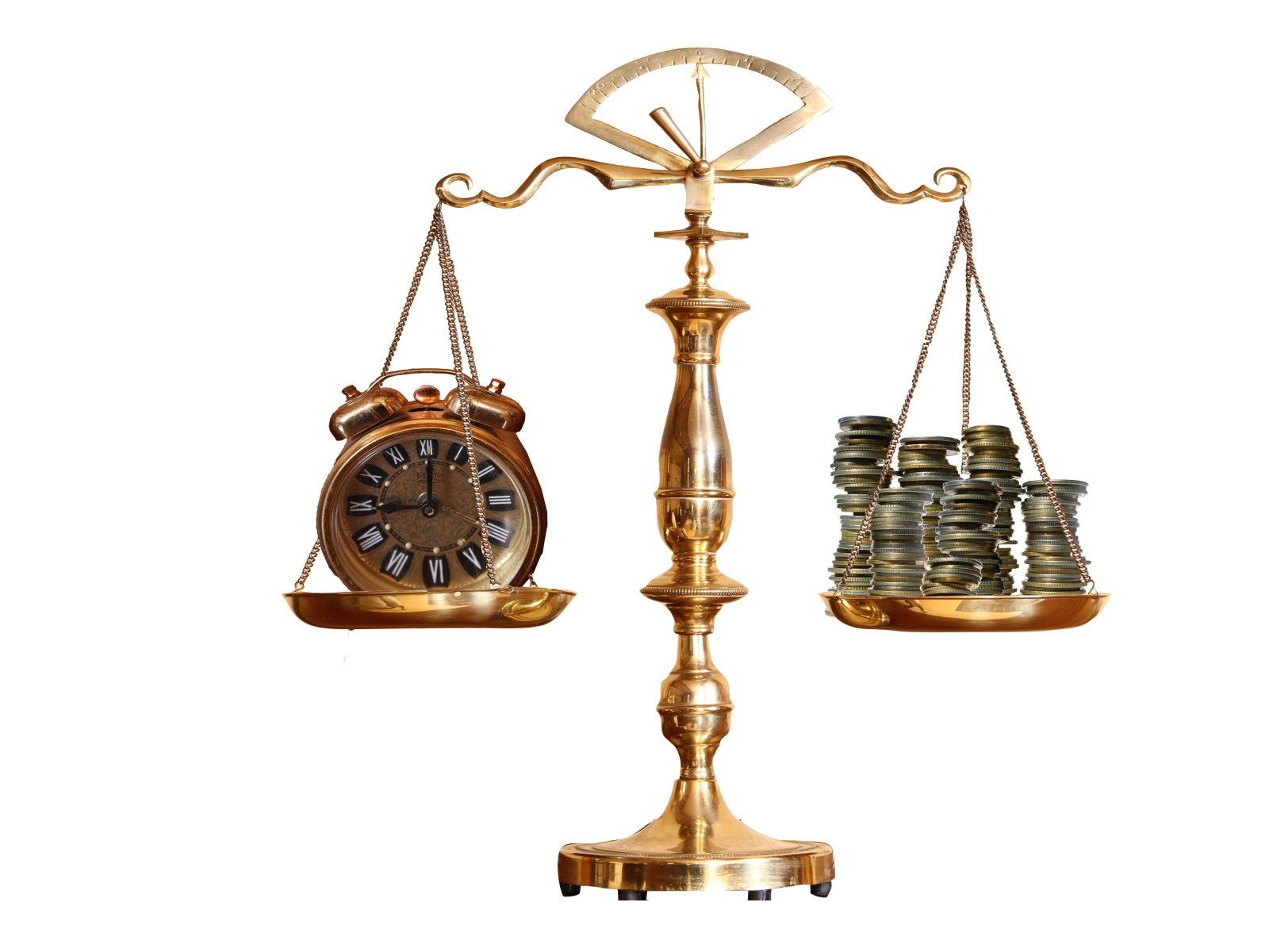 Scales with a clock and coins on the bowls