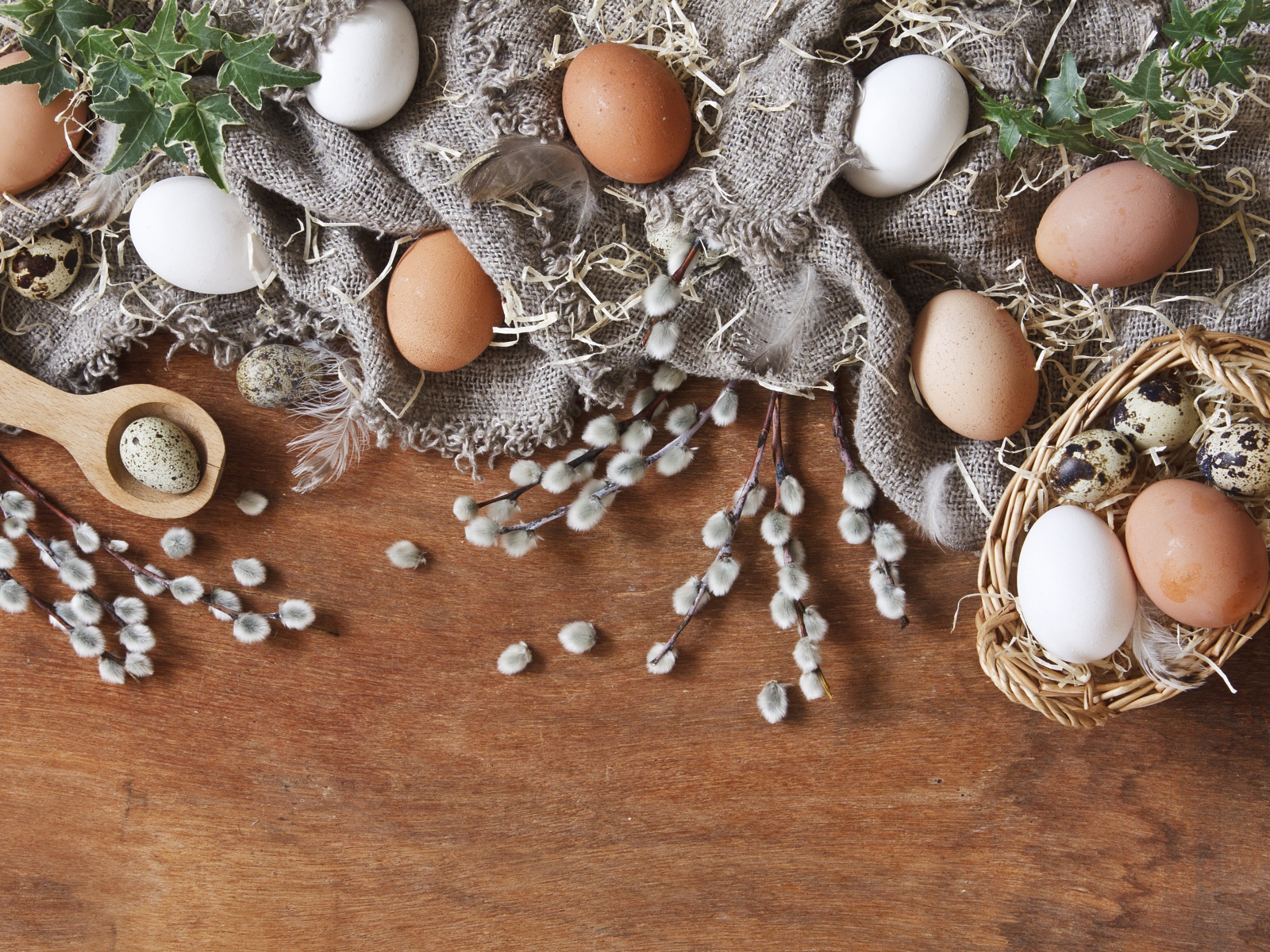 Куриные и перепелиные яйца на столе в ветками вербы