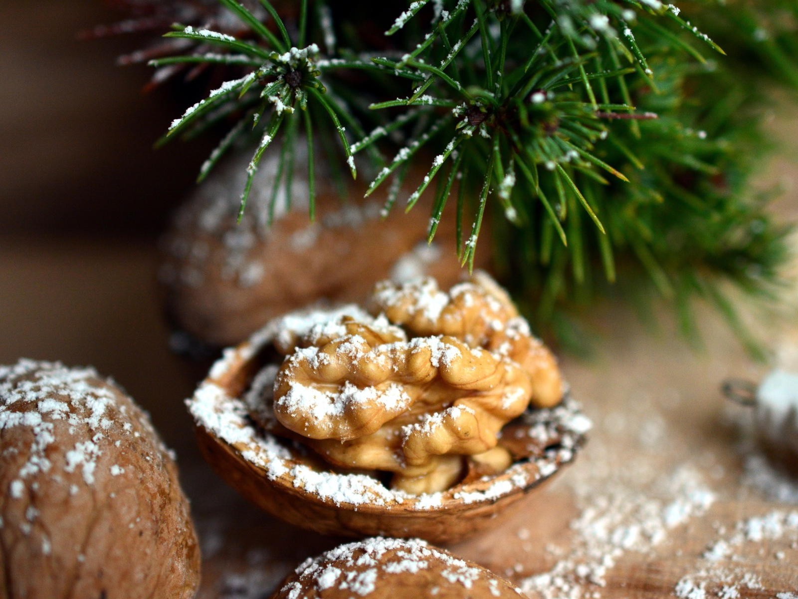 Грецкие орехи посыпанные сахарной пудрой на столе с еловой веткой