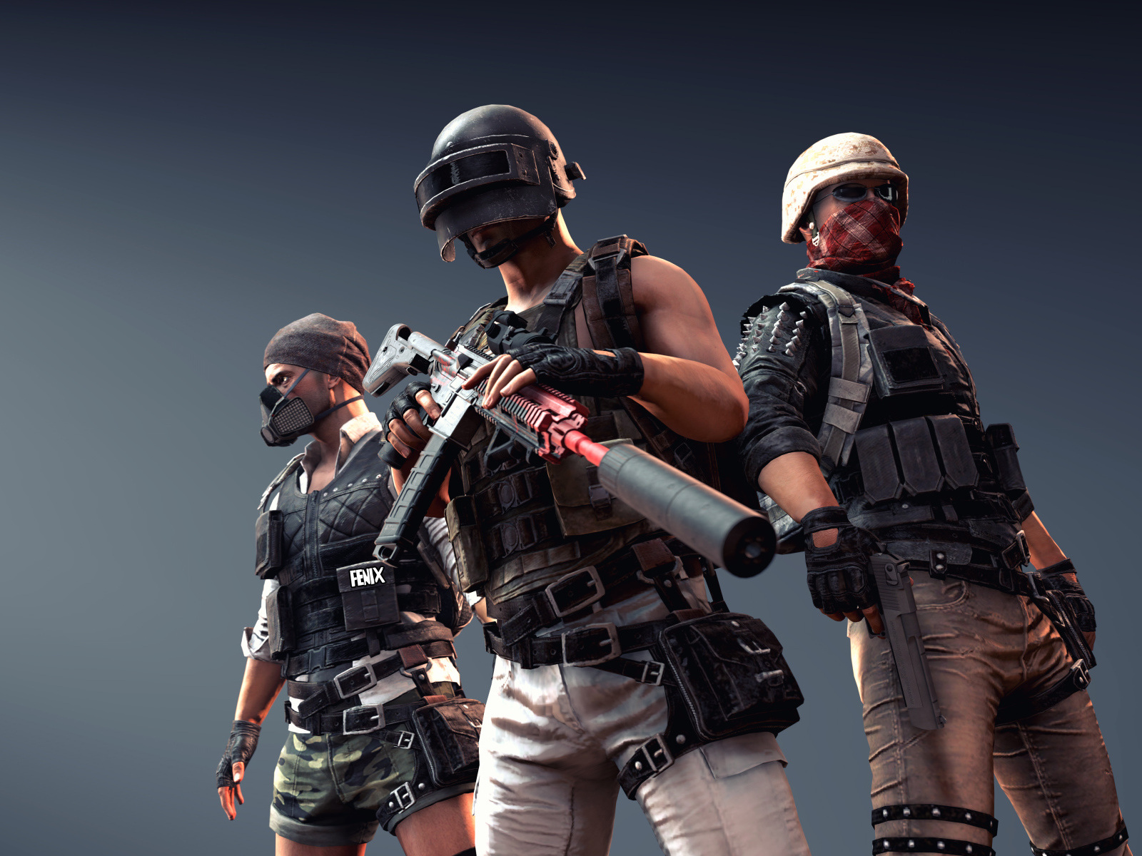 Персонажи компьютерной игры  PUBG на сером фоне