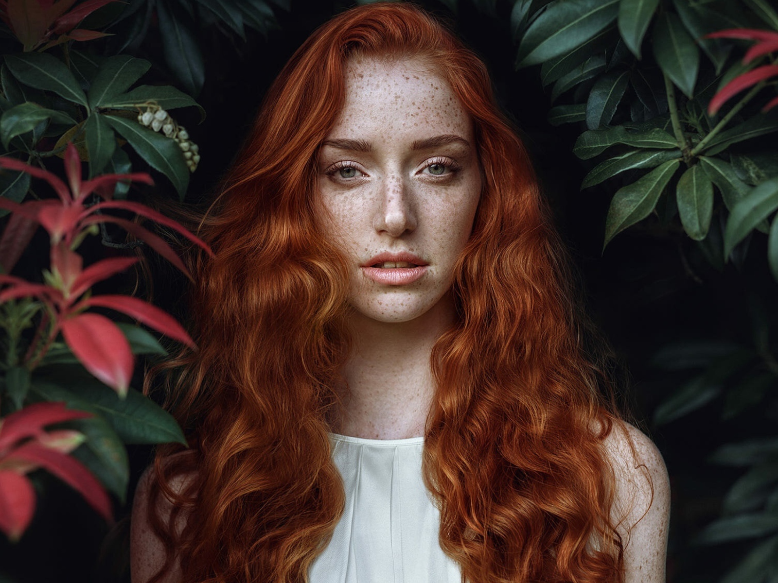 Рыжеволосая девушка с веснушками на лице на фоне кустов 