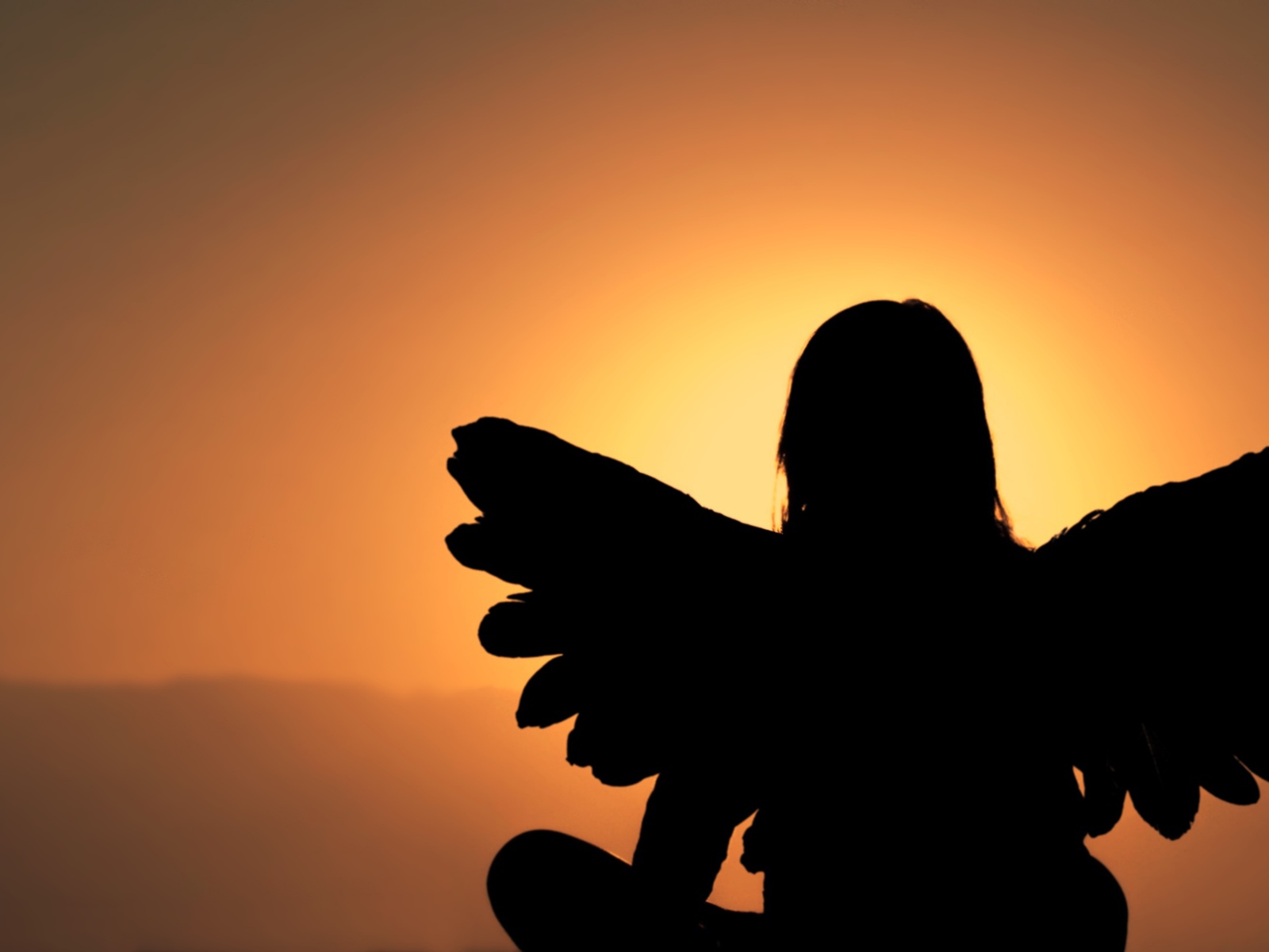 Силуэт девушки с крыльями ангела на фоне заката