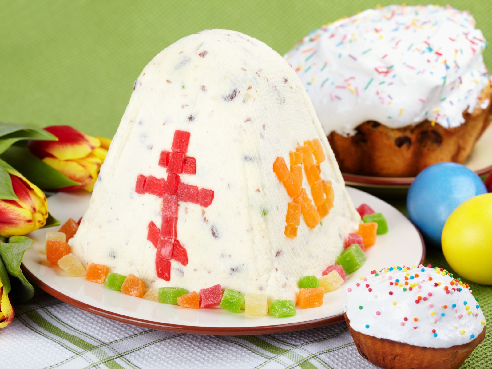 Sweet curd Easter cake with candied fruits for the holiday Easter