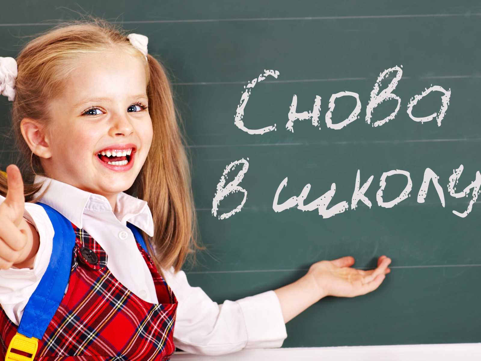 Smiling little schoolgirl on Knowledge Day on September 1 at the blackboard