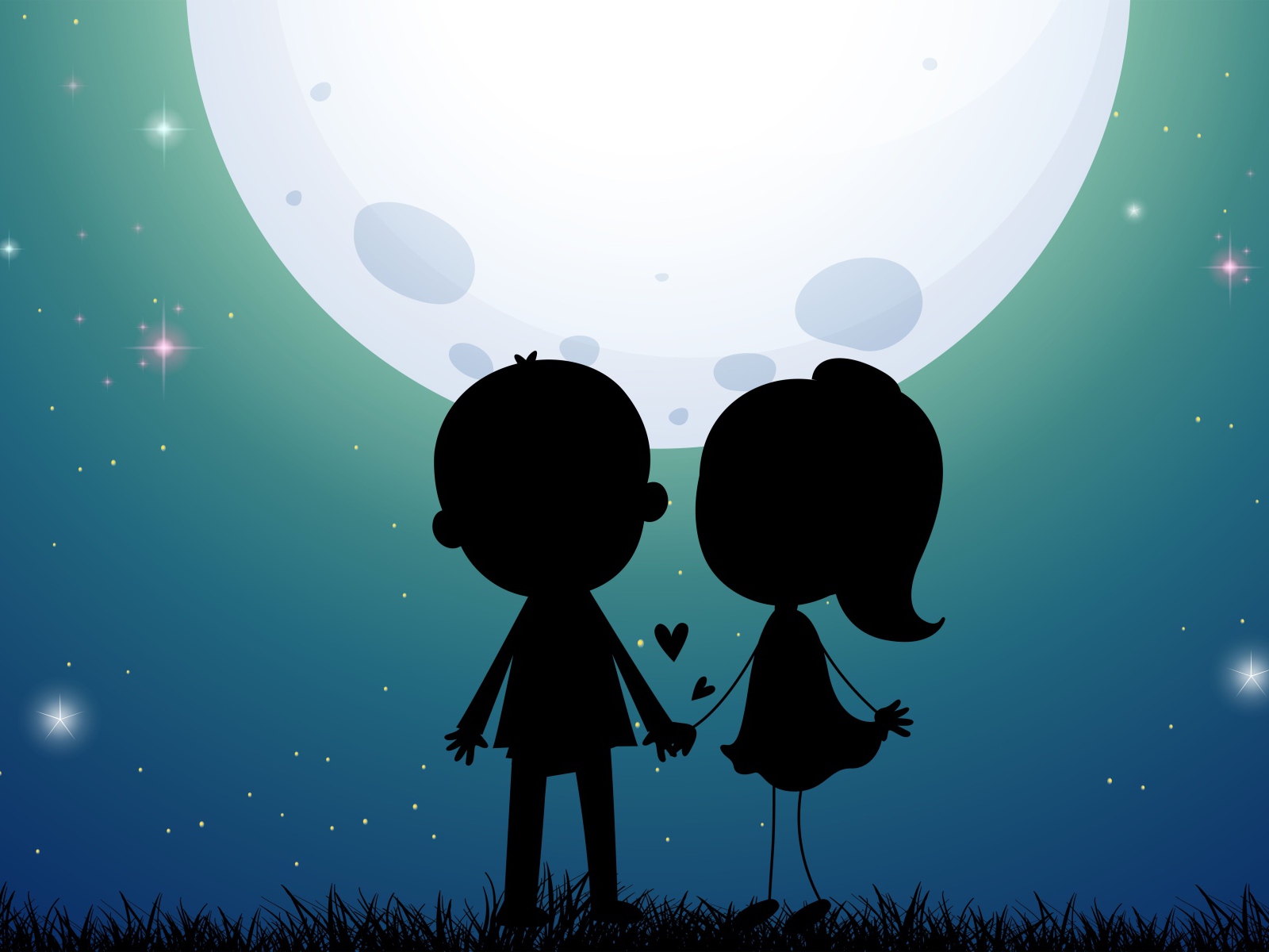 Нарисованные силуэту влюбленной пары на фоне луны
