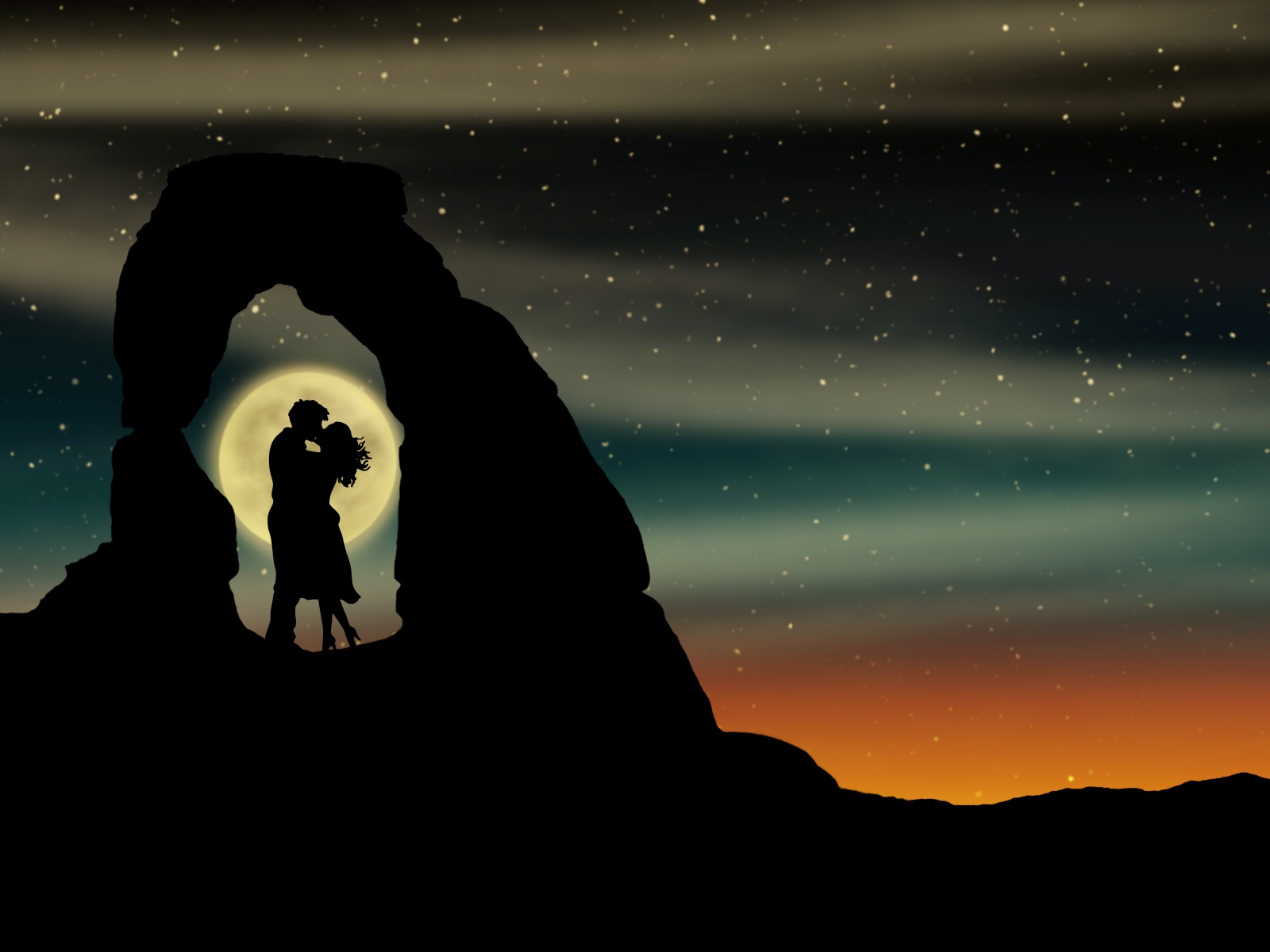 Поцелуй влюбленной пары в горах на фоне луны