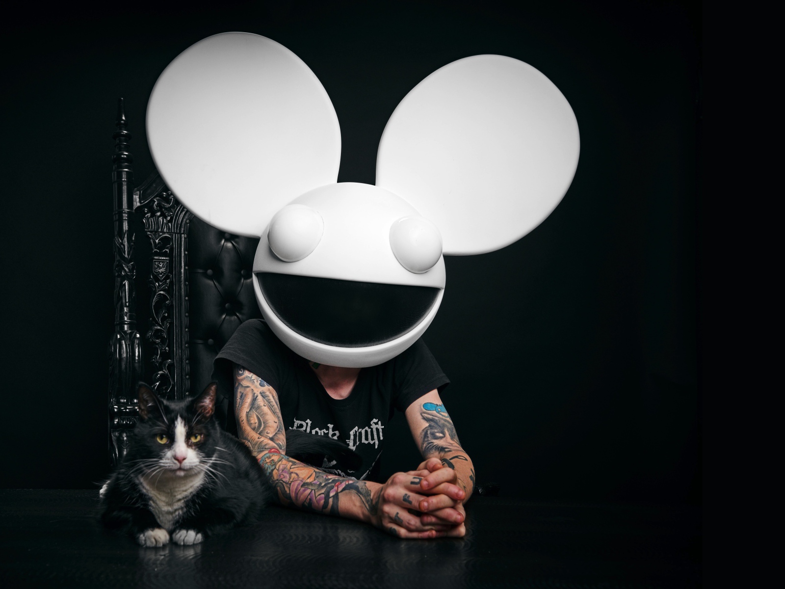 Диджей Дедмаус с котом на черном фоне