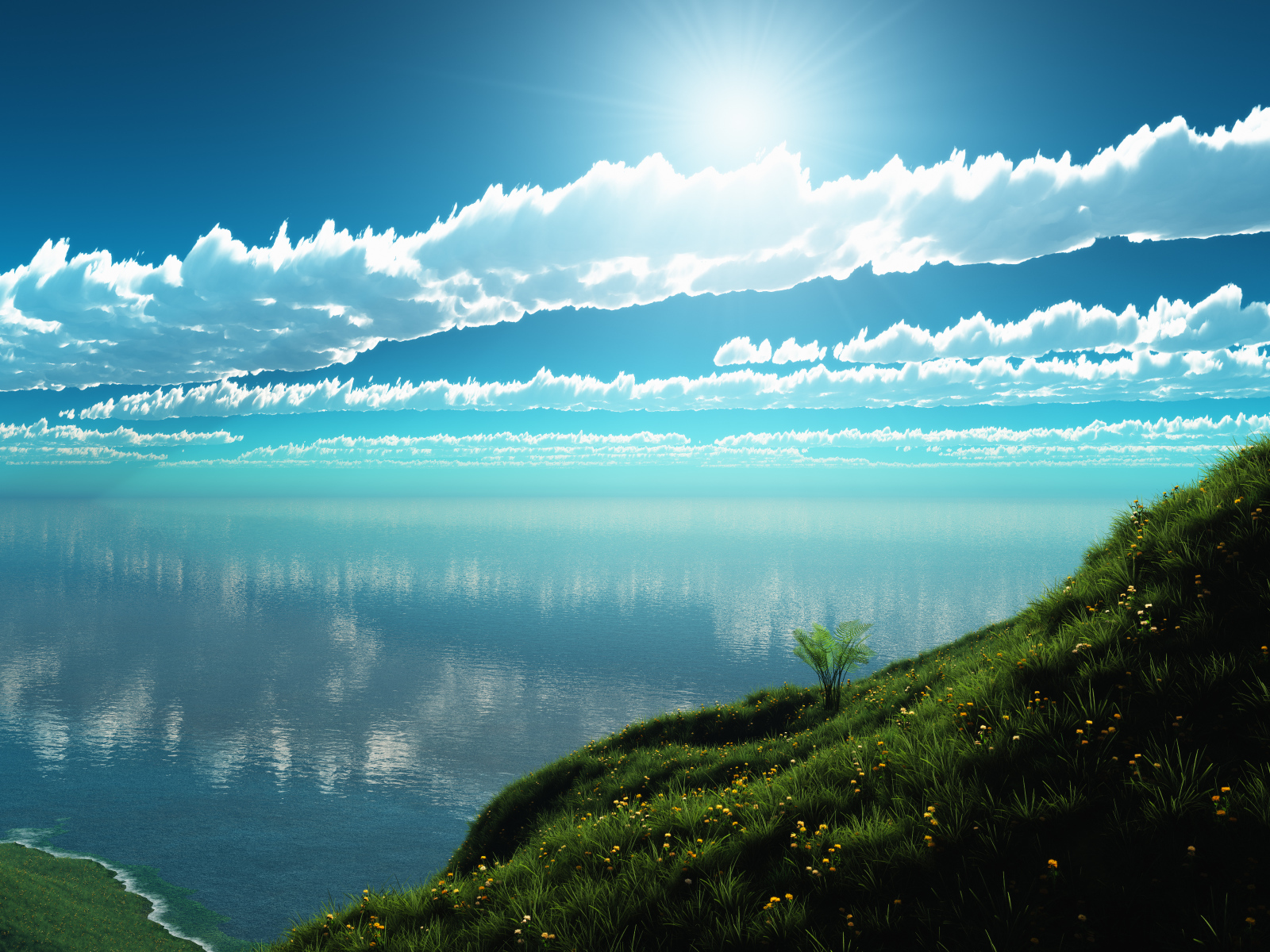 Красивые белые облака в солнечном небе над озером