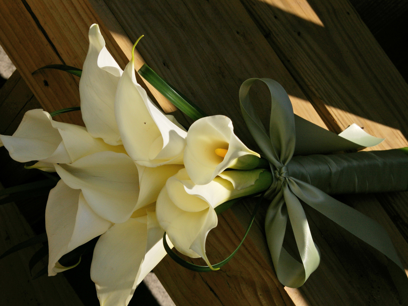 Букет белых калл на деревянной лавке