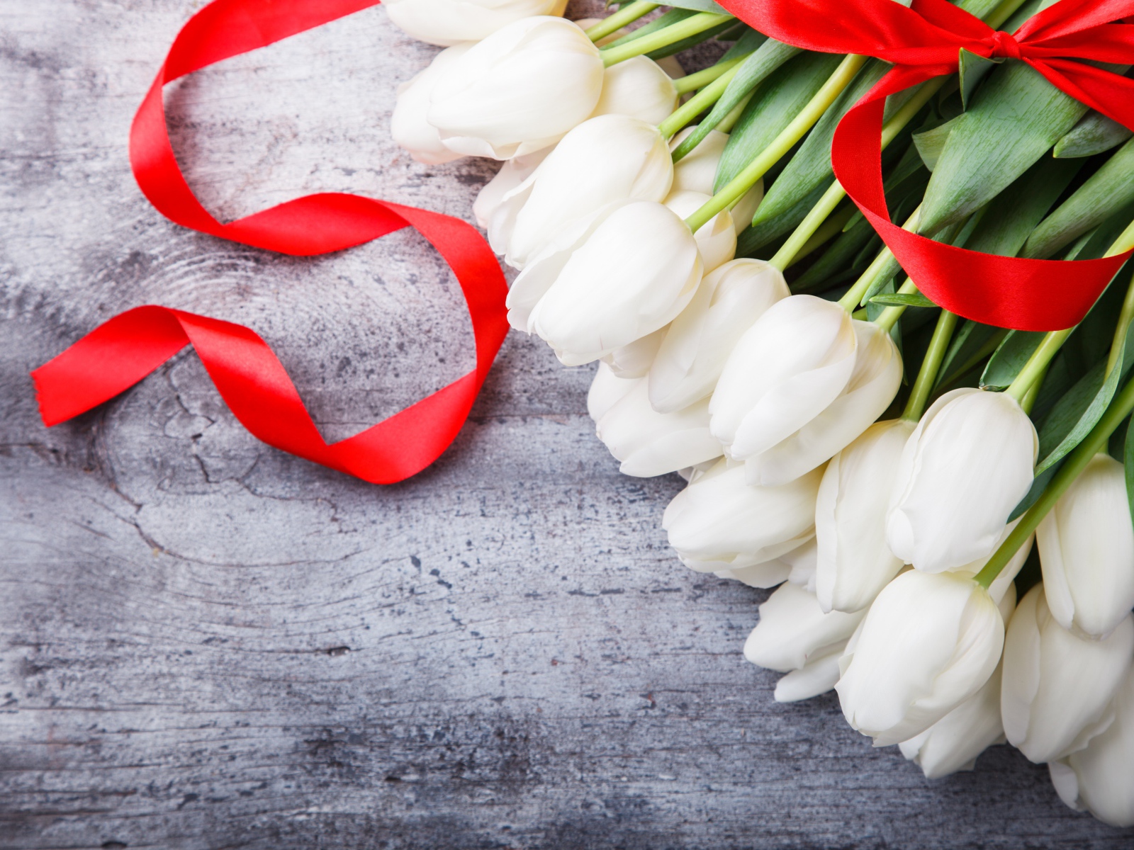 Букет белых тюльпанов с красным бантом на сером столе