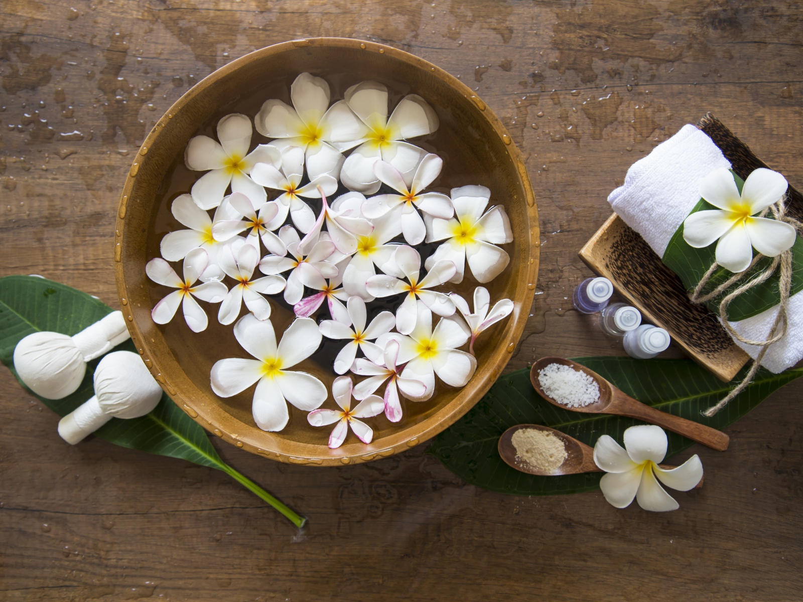 Цветы плюмерии в чаше с водой для SPA процедур 