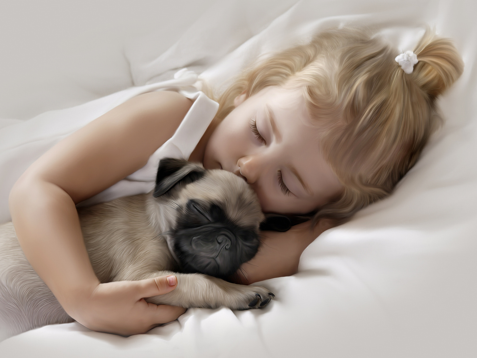 Маленькая милая девочка спит со щенком мопса