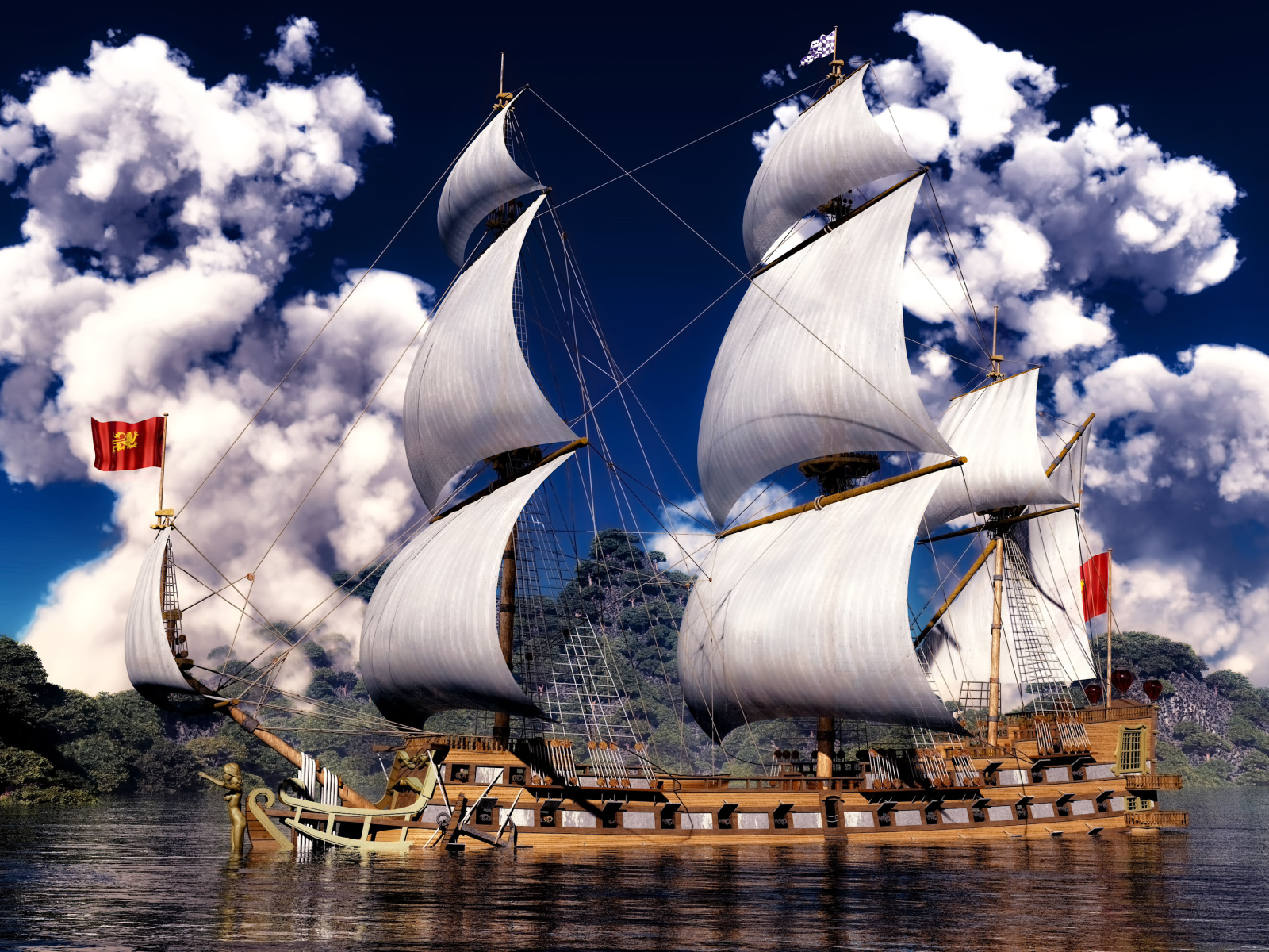 Красивое парусное судно на фоне белых облаков