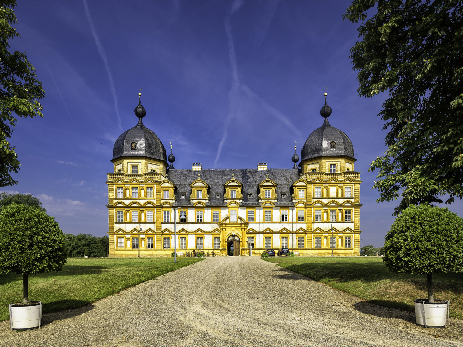 Schloss Seehof Castle under a beautiful blue sky, Germany