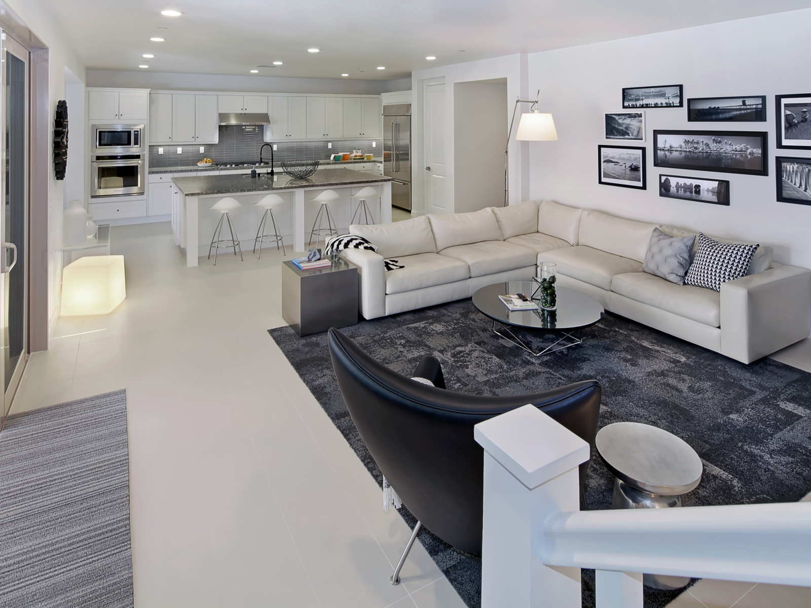 Gray living room combined with kitchen