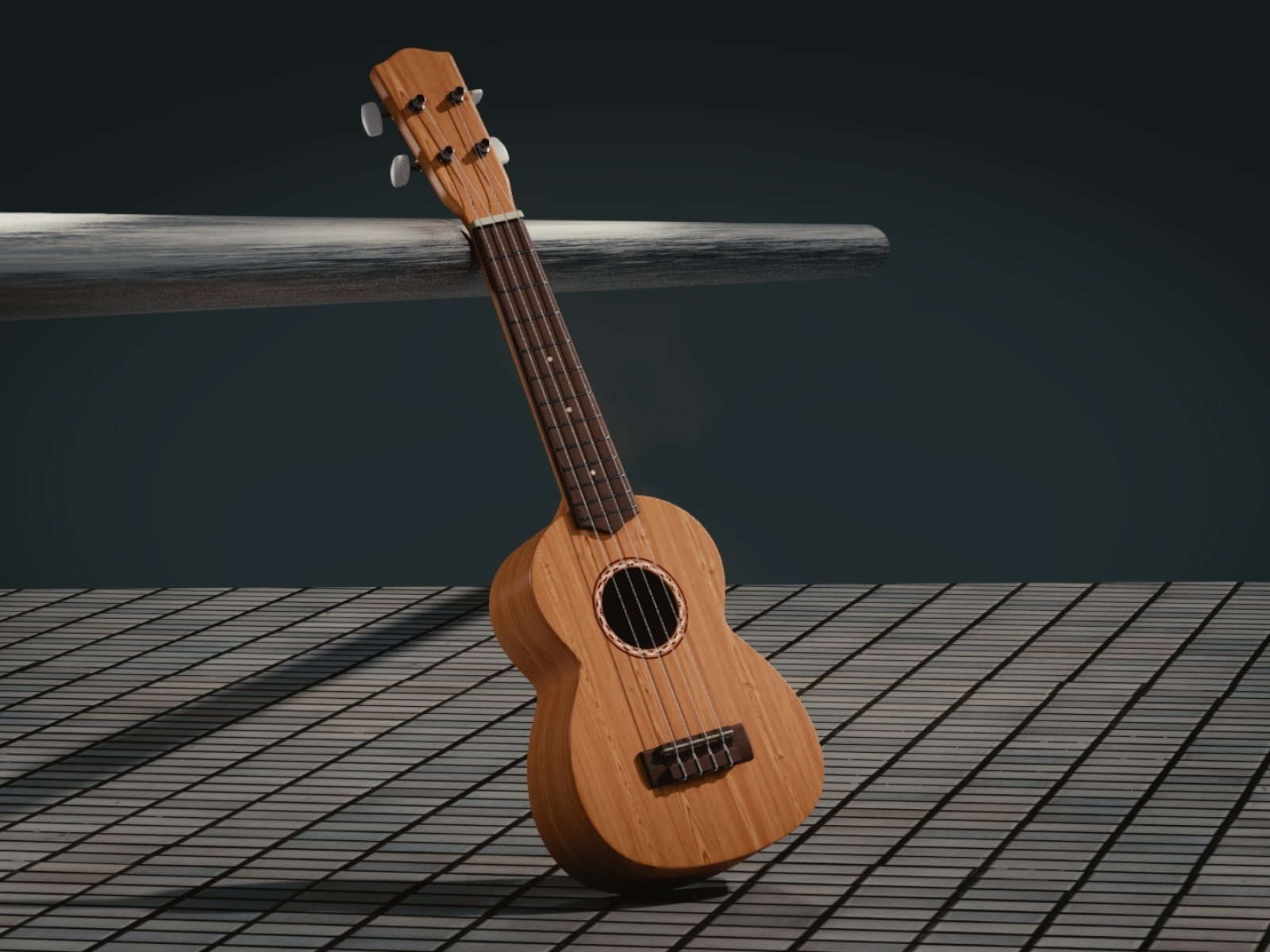 Гитара 3д стоит на серой поверхности 