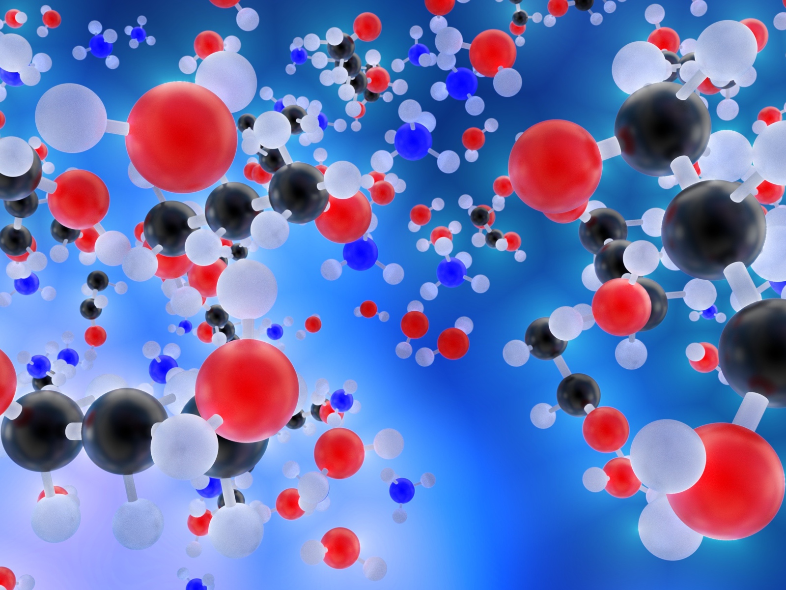 Multicolored molecules on a blue background