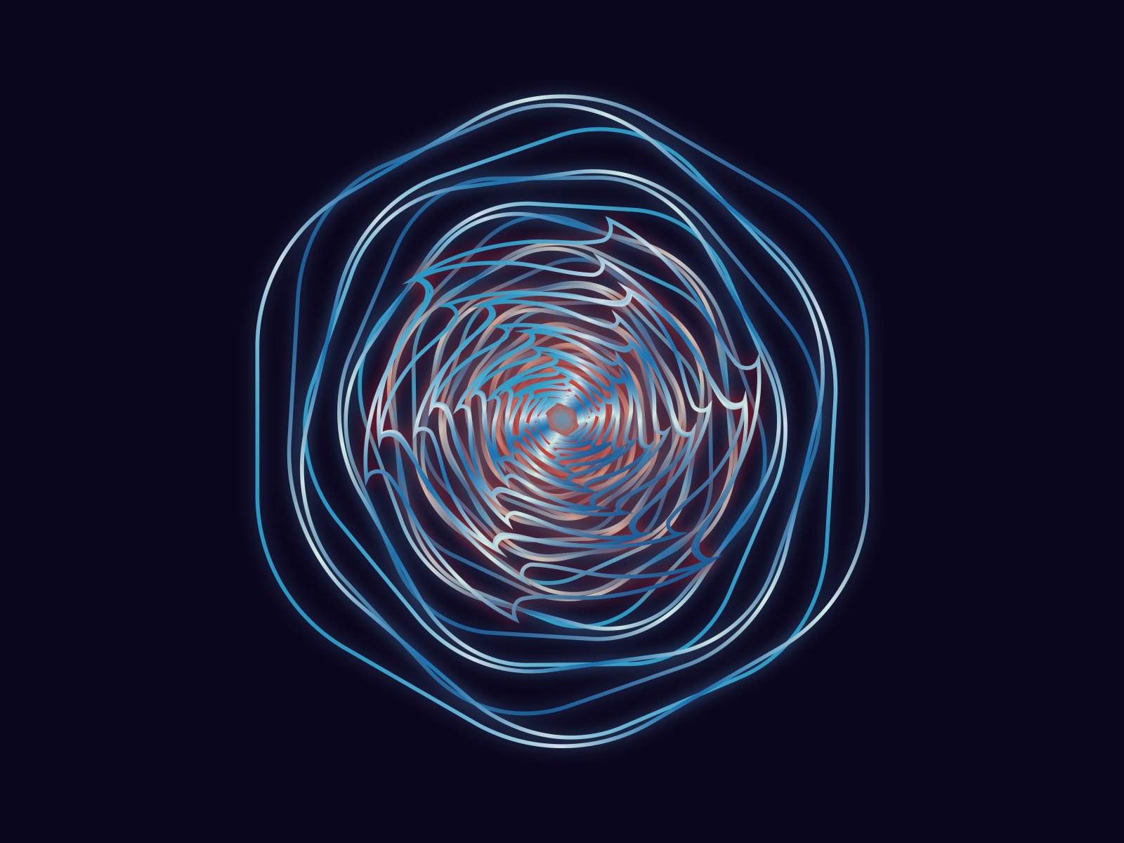 Неоновые фрактальные волны в рисунке на синем фоне