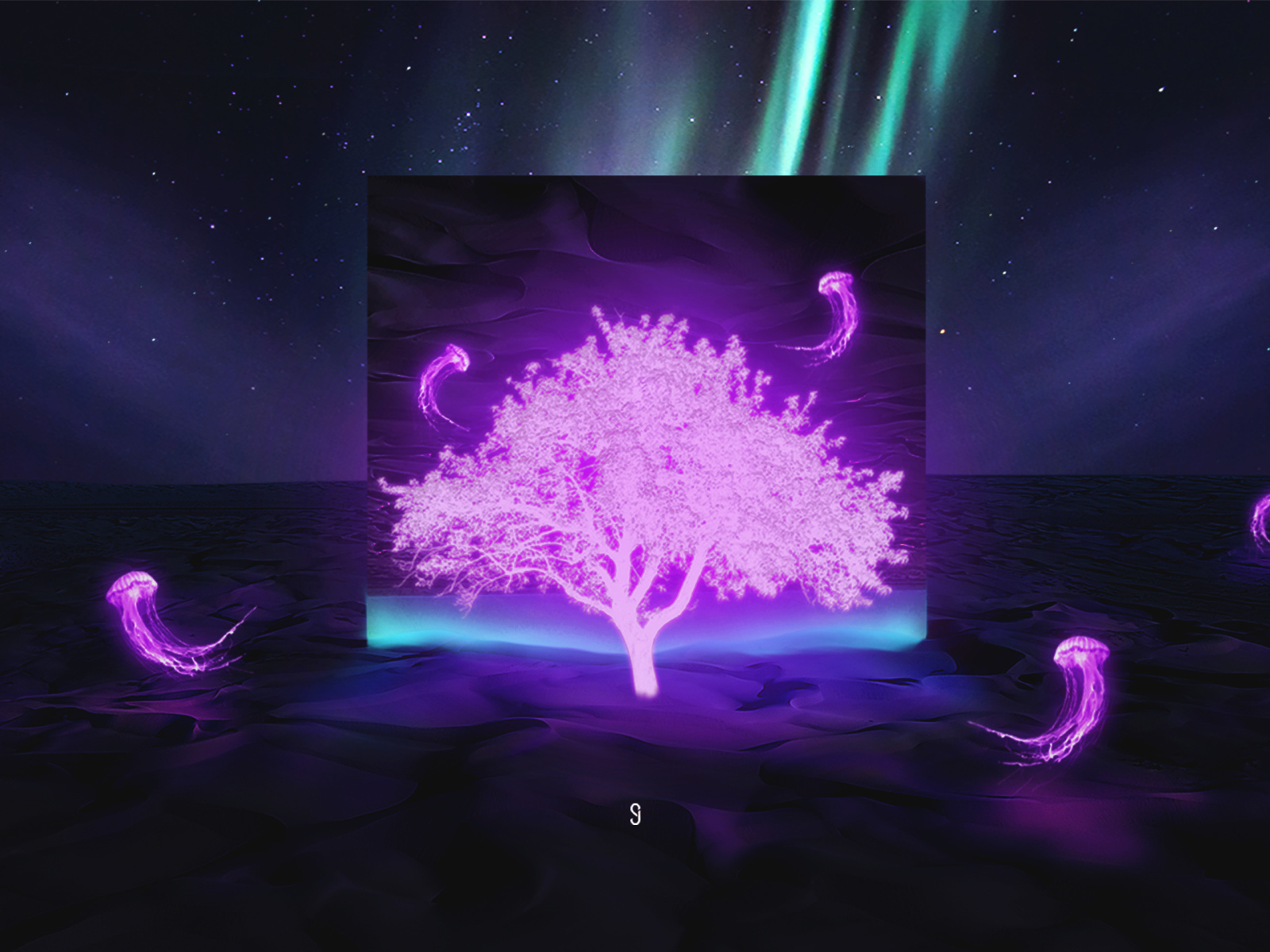 Неоновое дерево в пустыне на фоне неба с северным сиянием