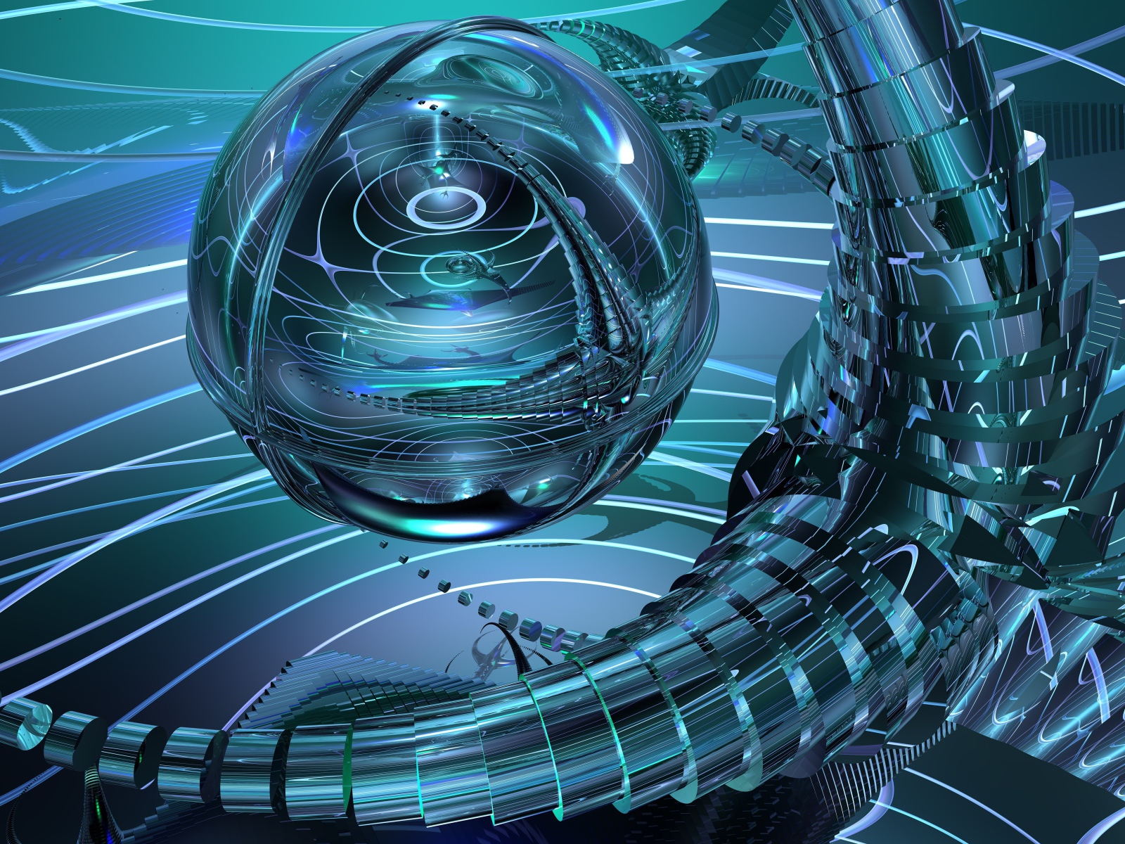 Сфера с металлическими щупальцами, 3д графика