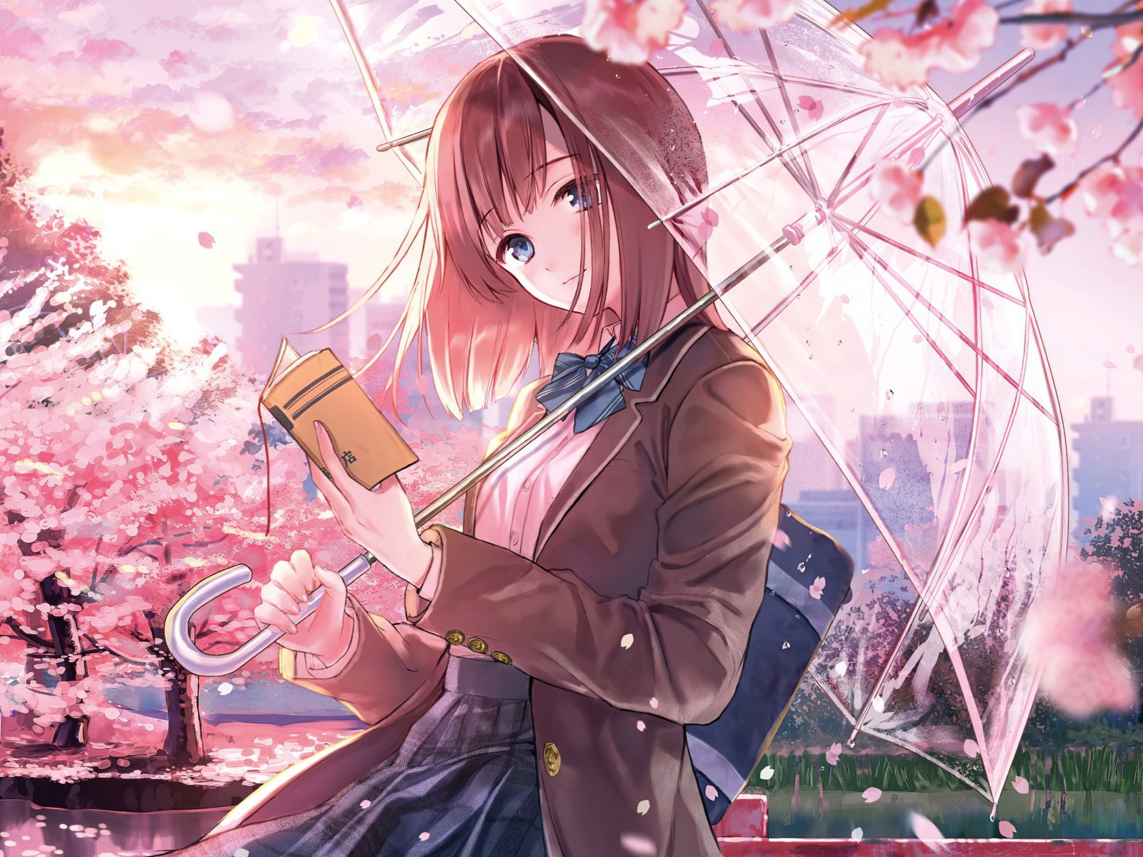 Девушка аниме с книгой и зонтом в руке 