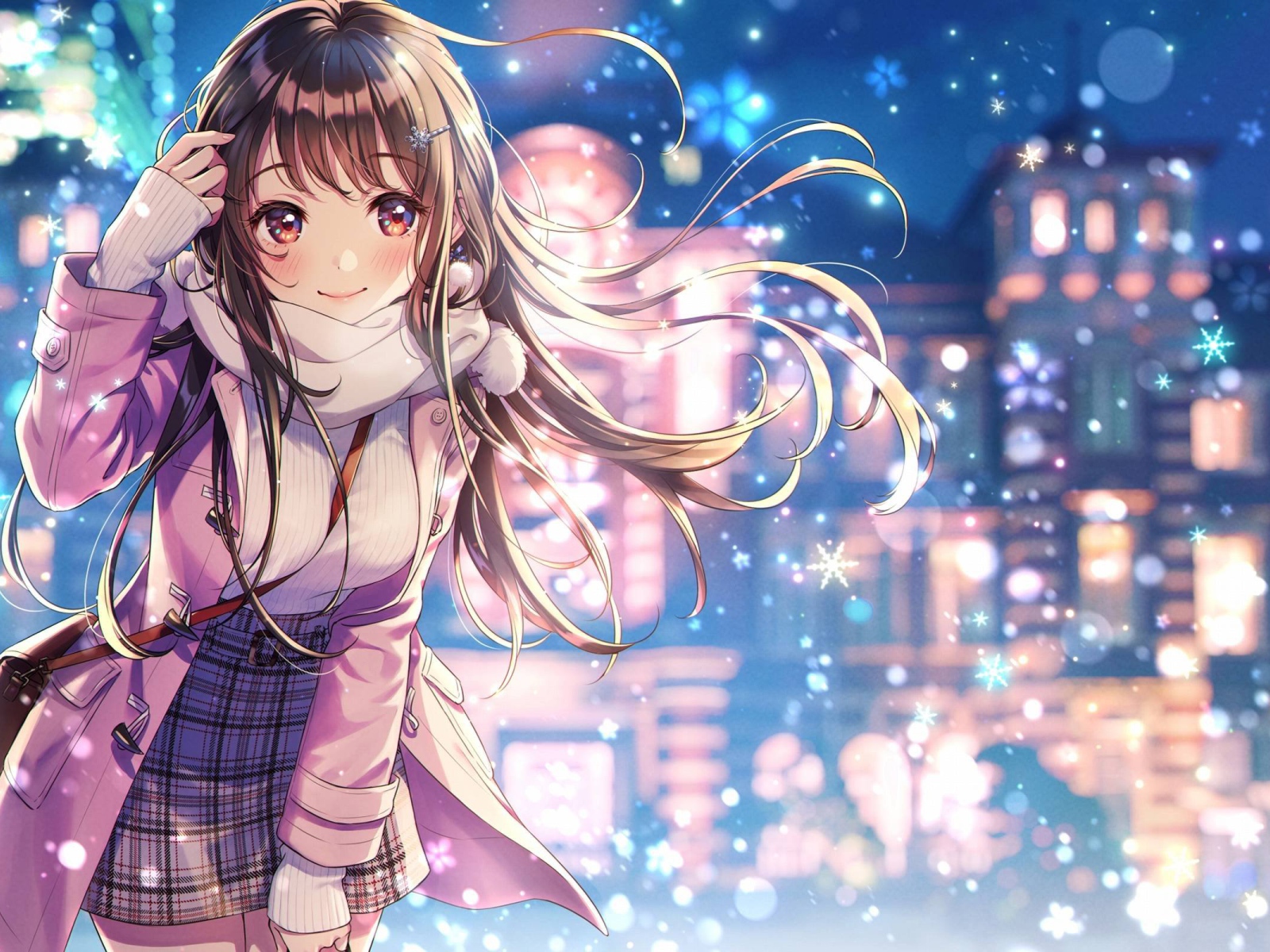 Девушка азиатка с длинными волосами зимой на улице