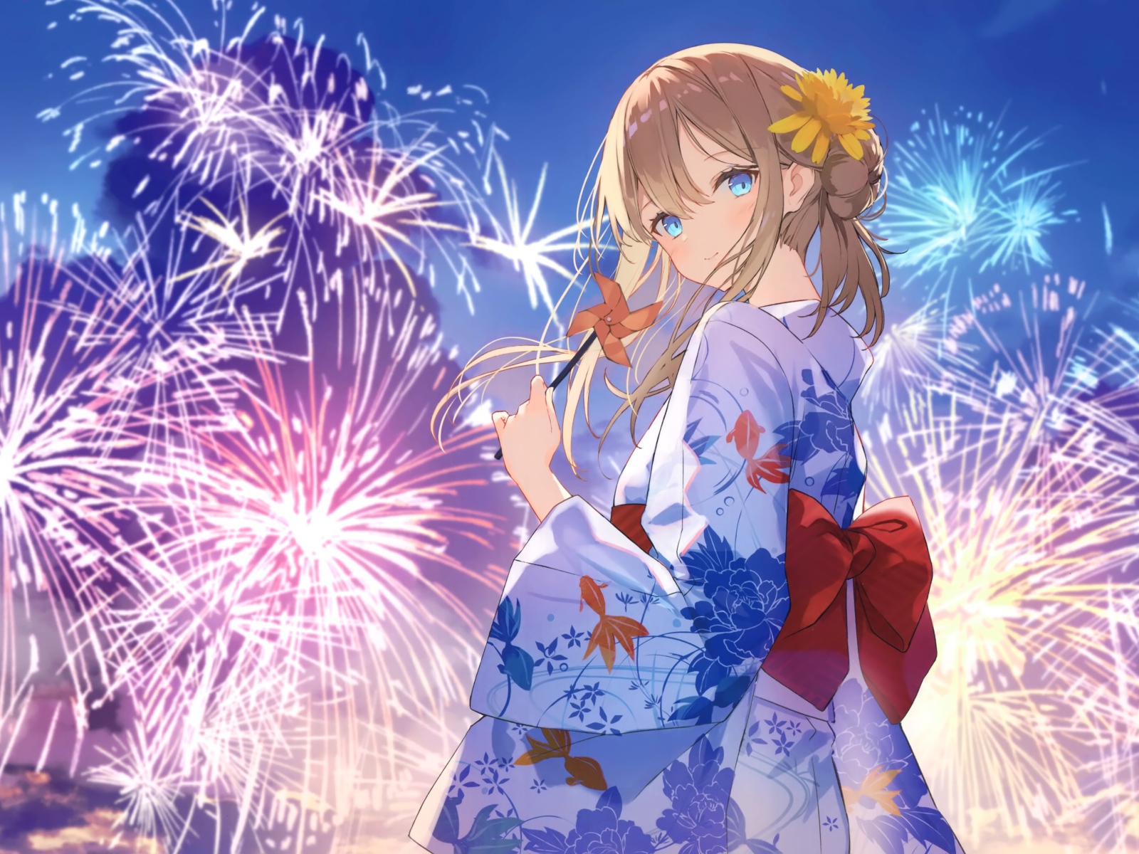 Beautiful anime girl in kimono on the background of fireworks