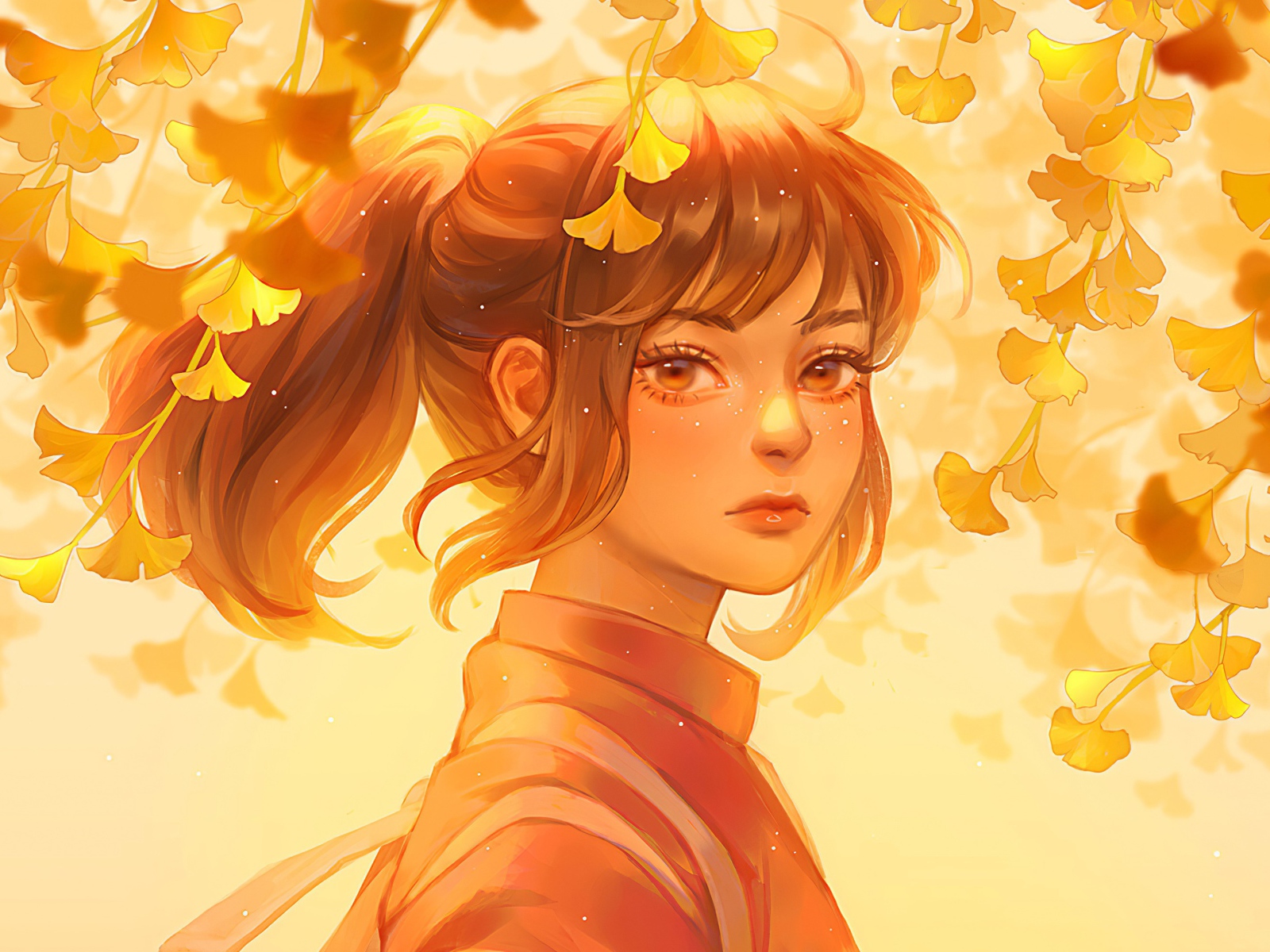 Красивое лицо девушки аниме на фоне листьев 