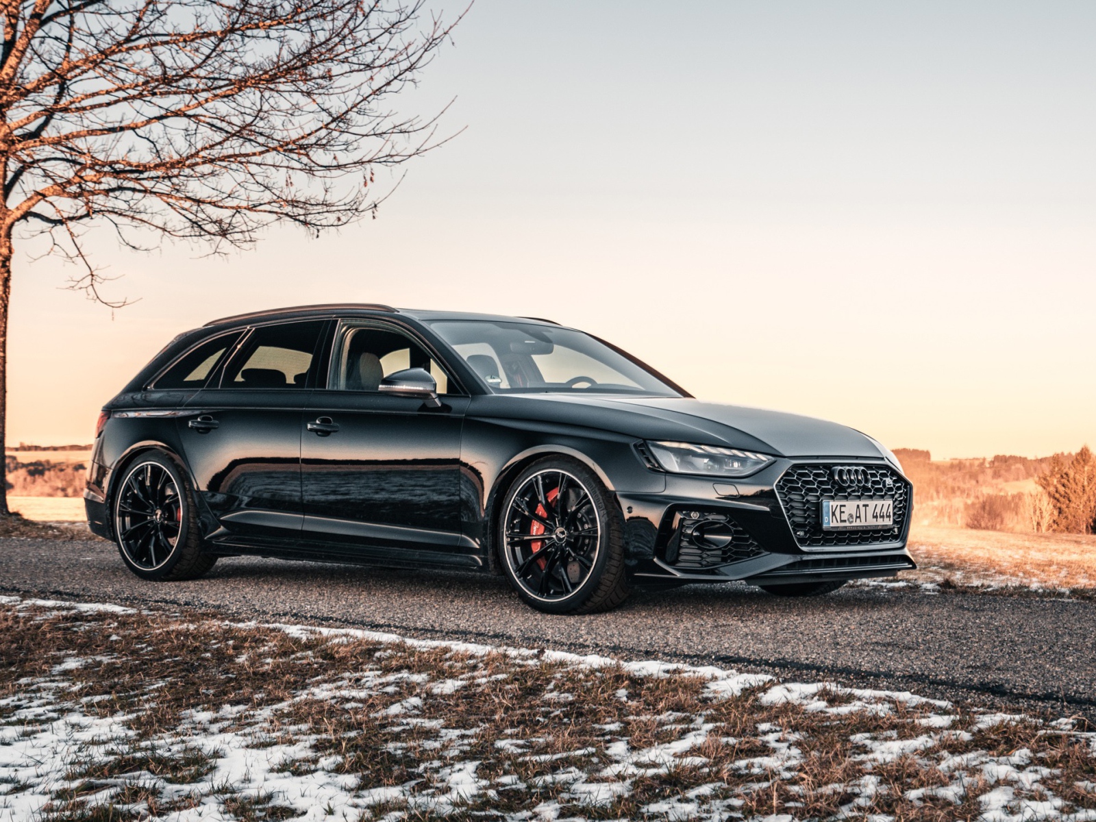 Черный автомобиль  Audi RS 4 Avant 2020 года на дороге у дерева