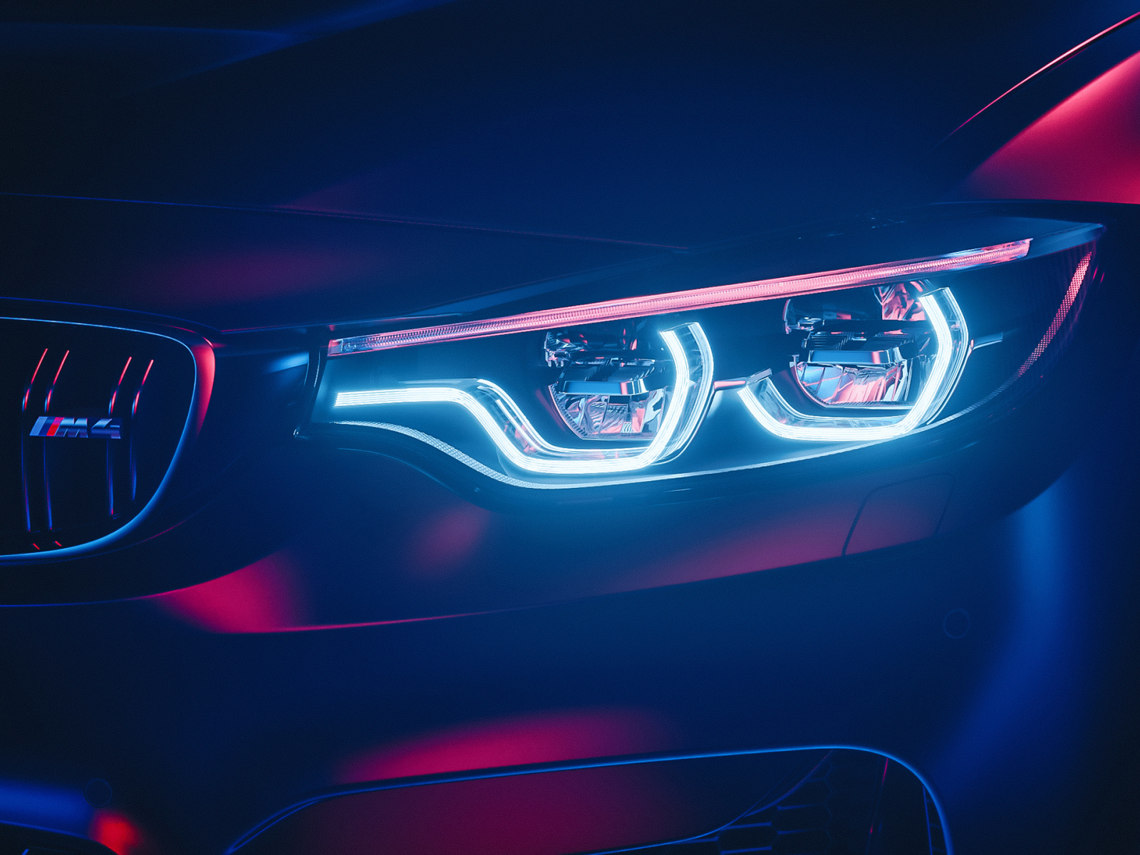 Зажженная фара автомобиля BMW M4 