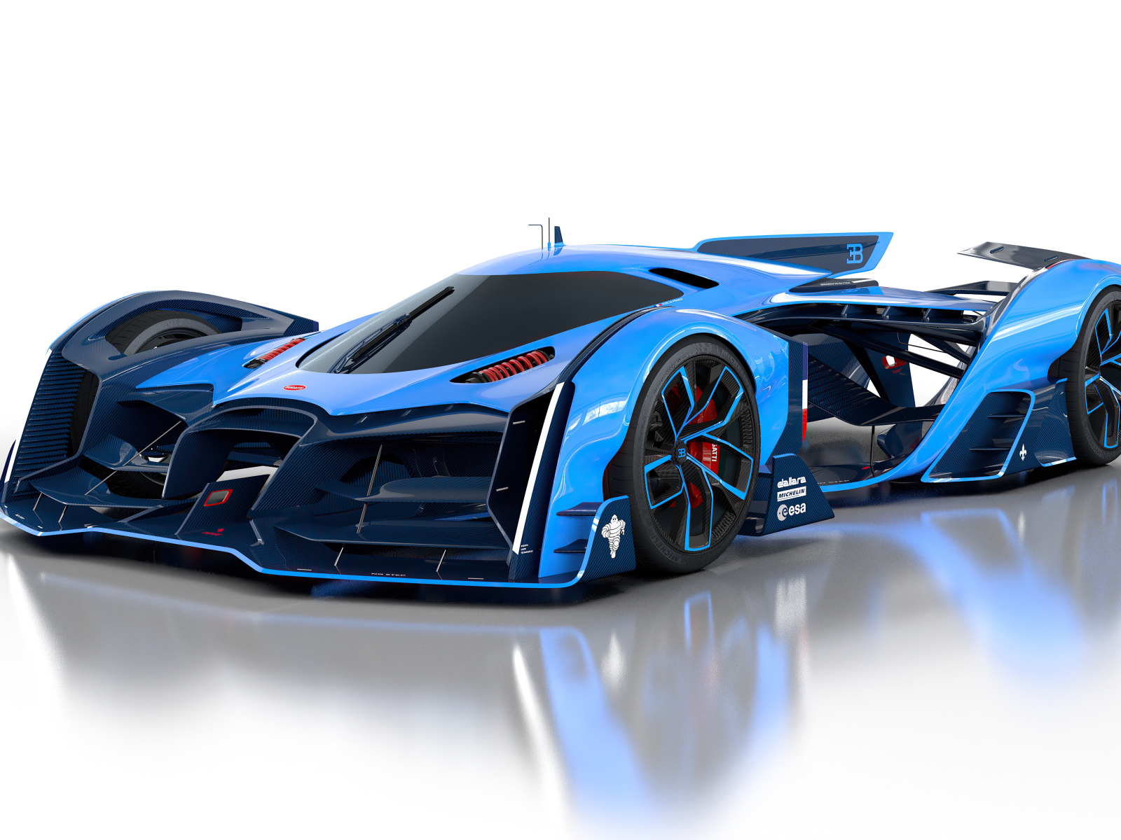 Синий спортивный автомобиль Bugatti Vision Le Mans, 2021 года на белом фоне
