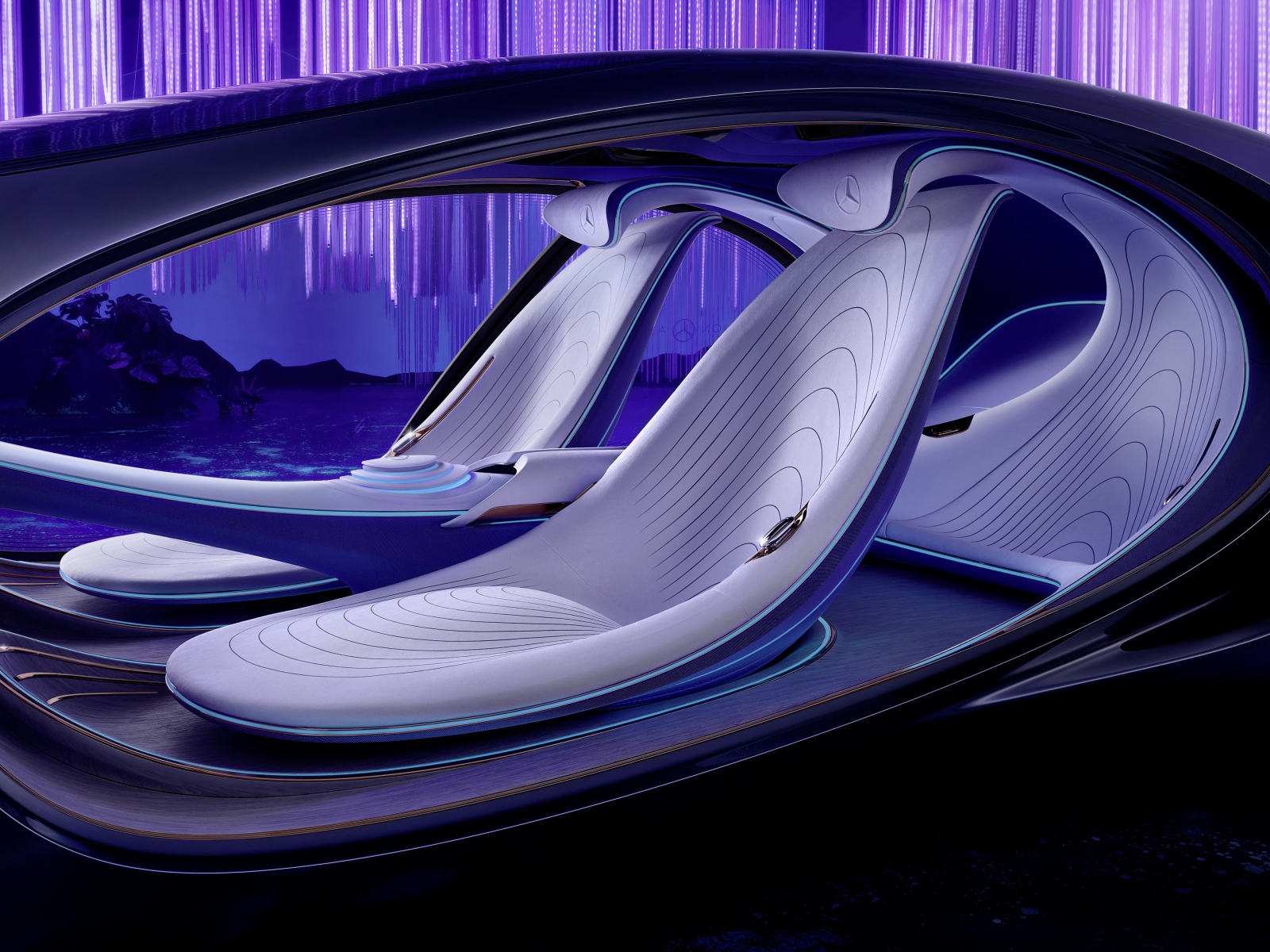 Салон нового автомобиля Mercedes-Benz VISION AVTR 2020 года с неоновой подсветкой 