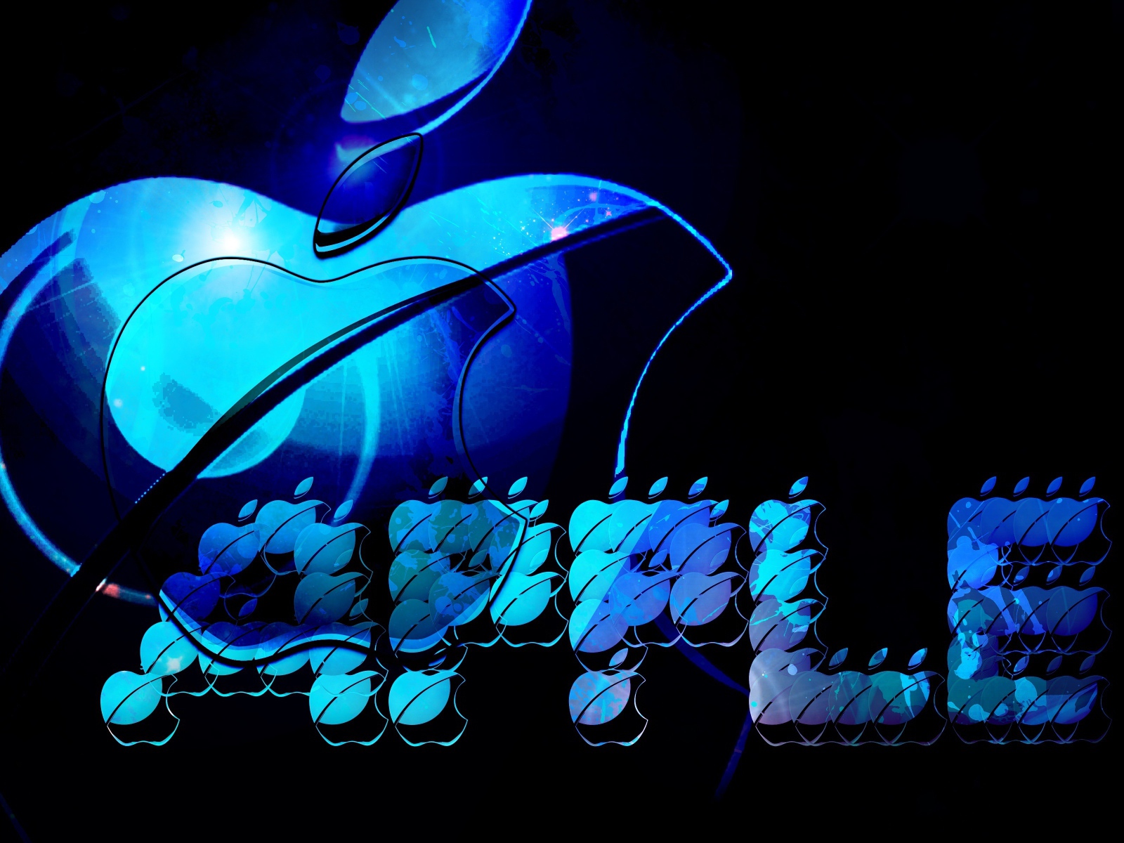 Blue neon Apple logo on a black background