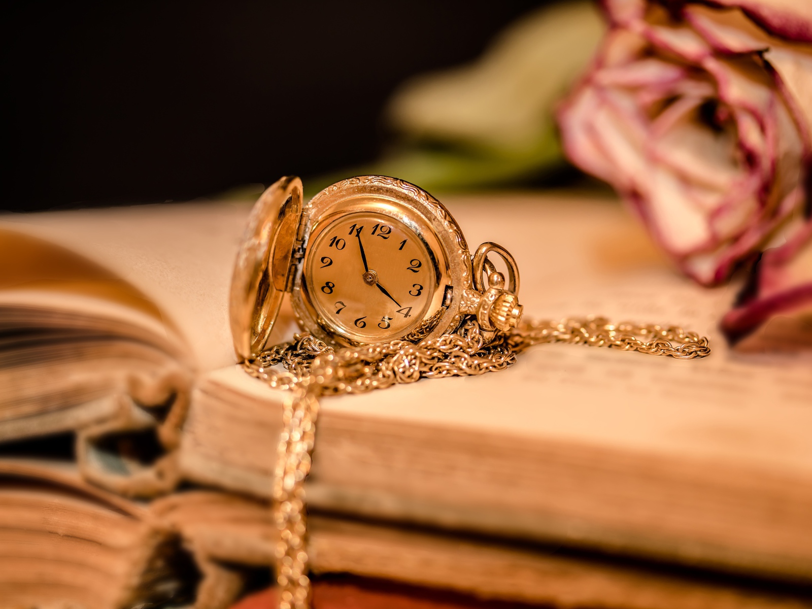 Золотые женские часы на цепочке лежат на книге