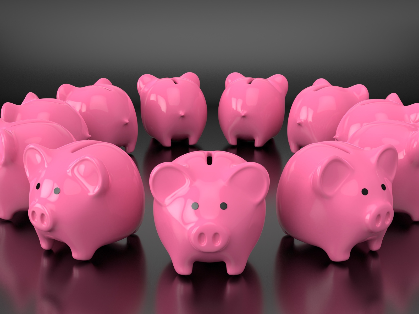 Lots of pink pigs piggy banks on gray background