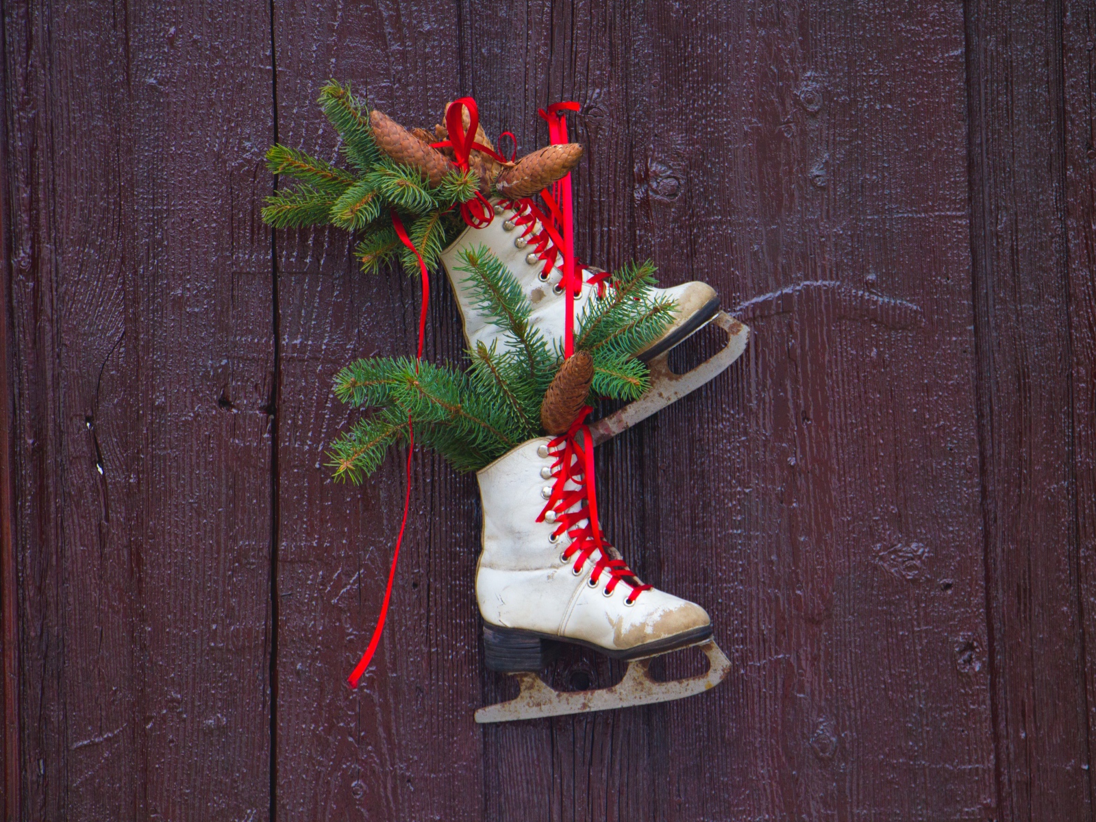 Старые коньки с еловыми ветками на двери 