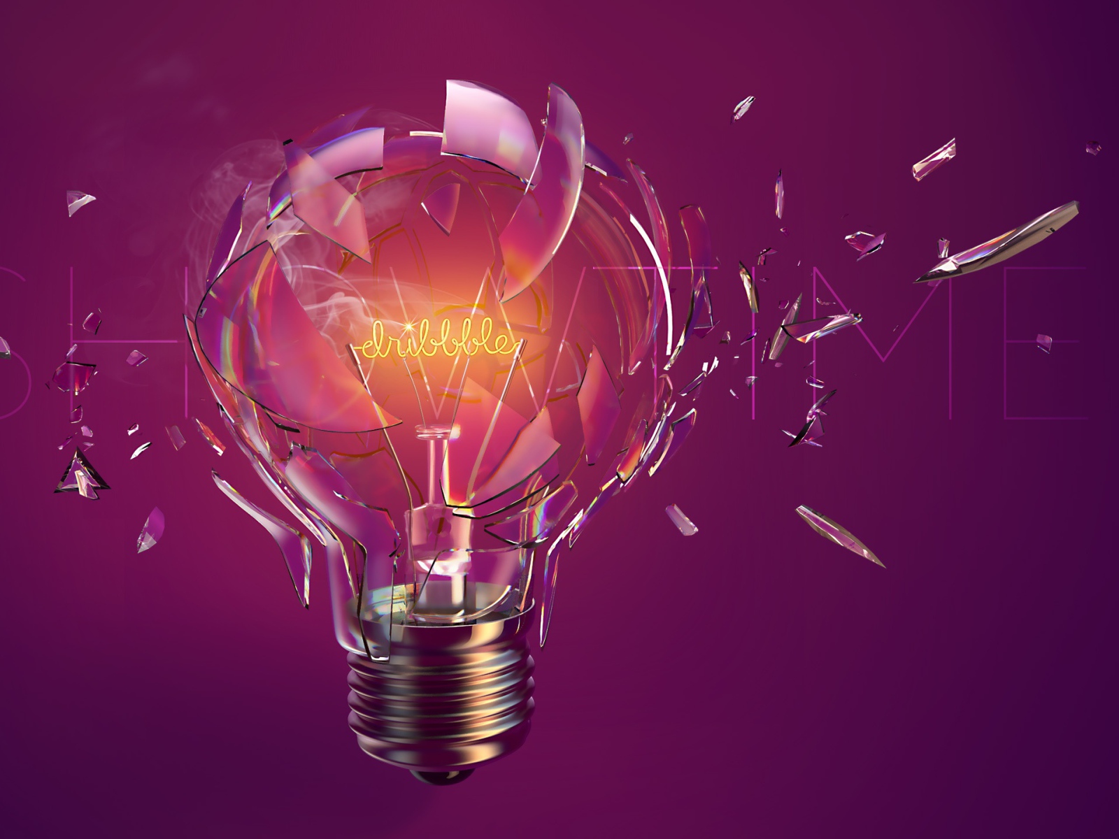 Включенная лампа разрывается на сиреневом фоне