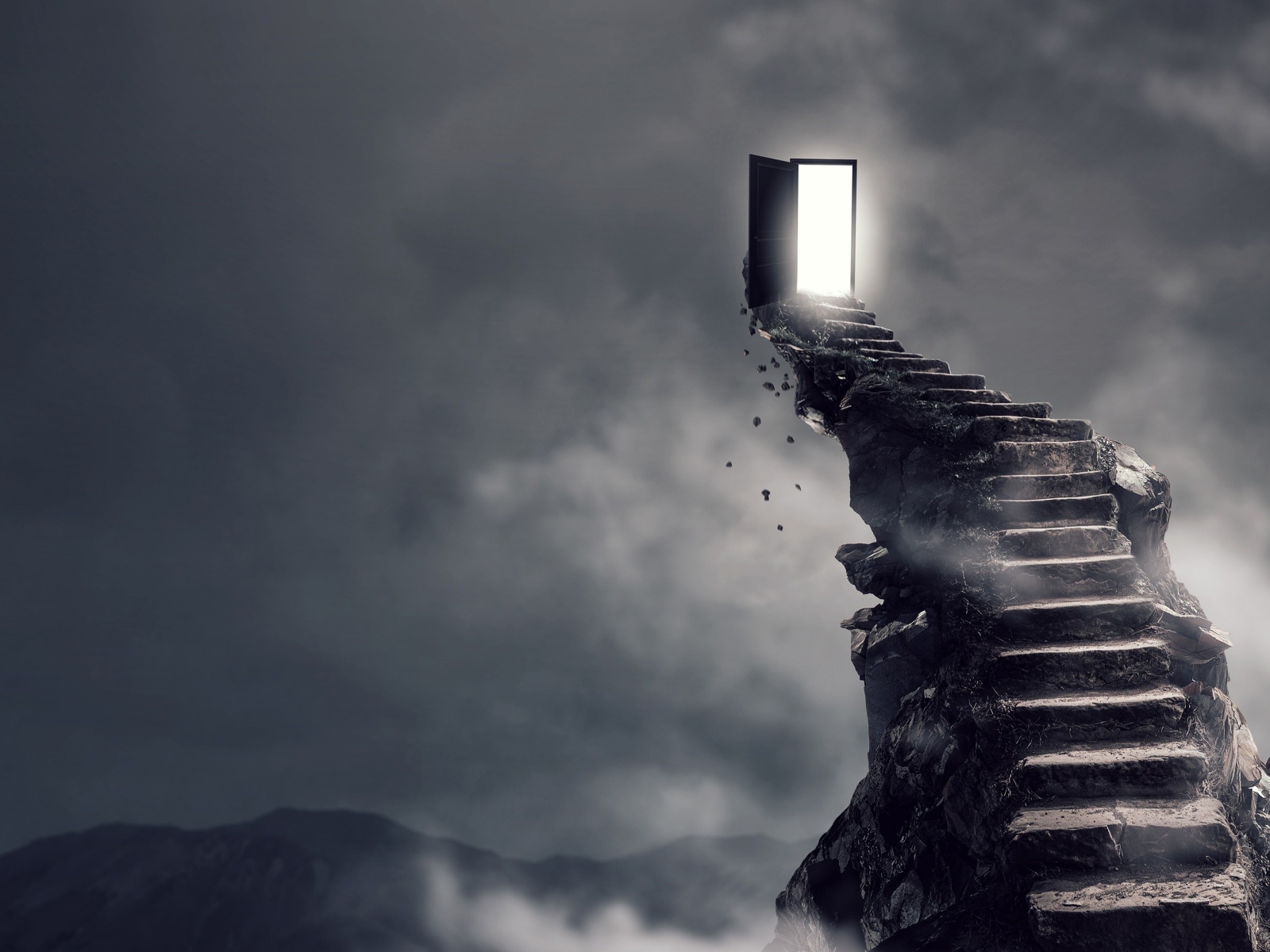 Каменная лестница ведет к двери в небе 