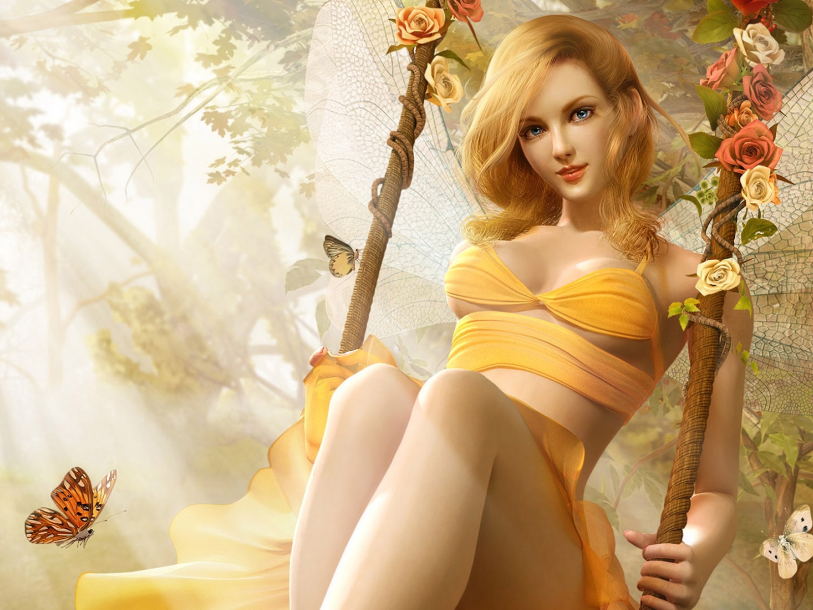 Красивая девушка эльф катается на качели