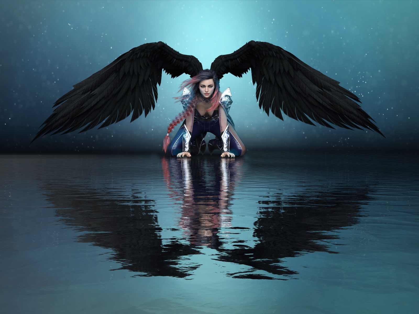 Фантастическая девушка ангел с черными крыльями отражается в воде 