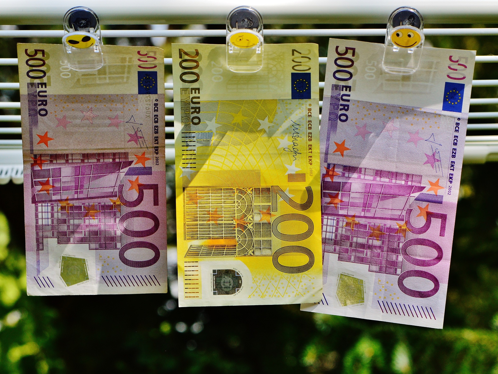 Euro bills hang on a rope